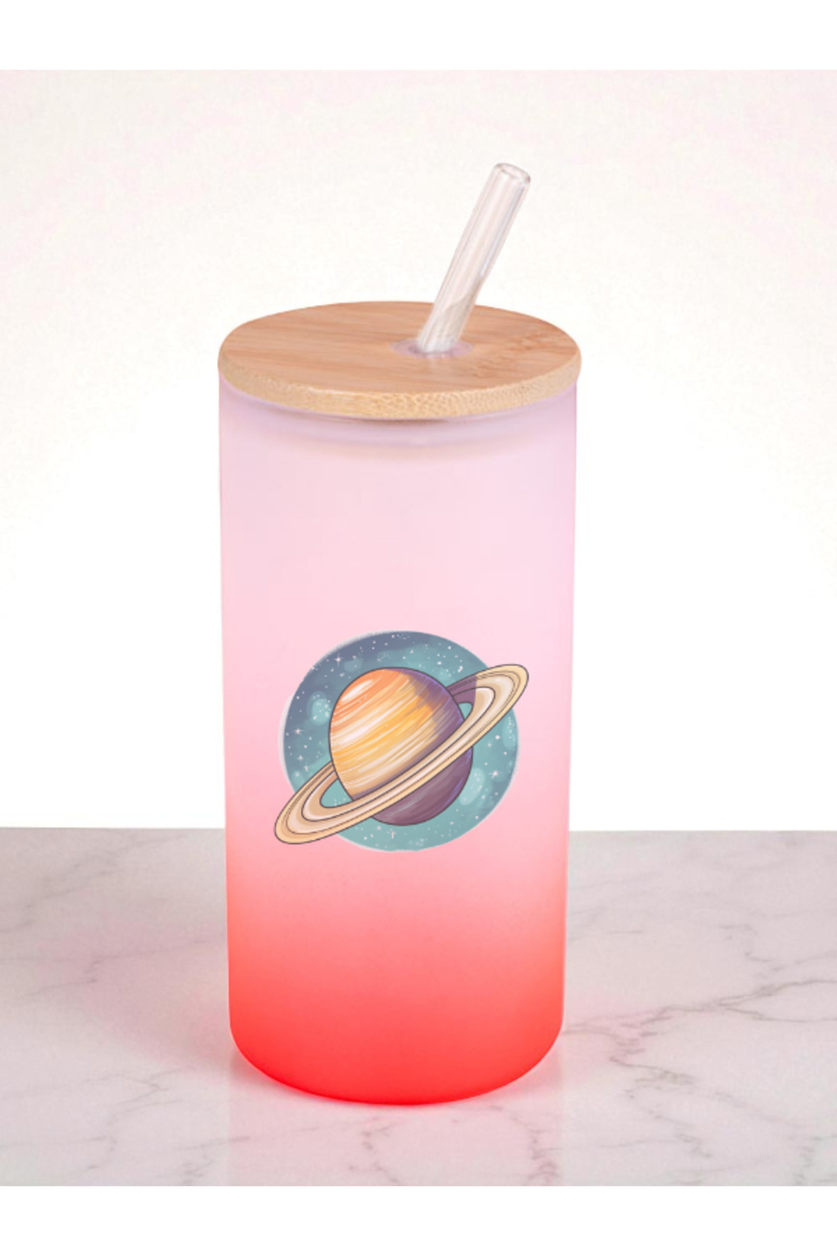 lili hediyelik-Saturn Printed 600 ml Glass Flask - Water Flask, Drinking Flask, Glass Flask with Straw 1