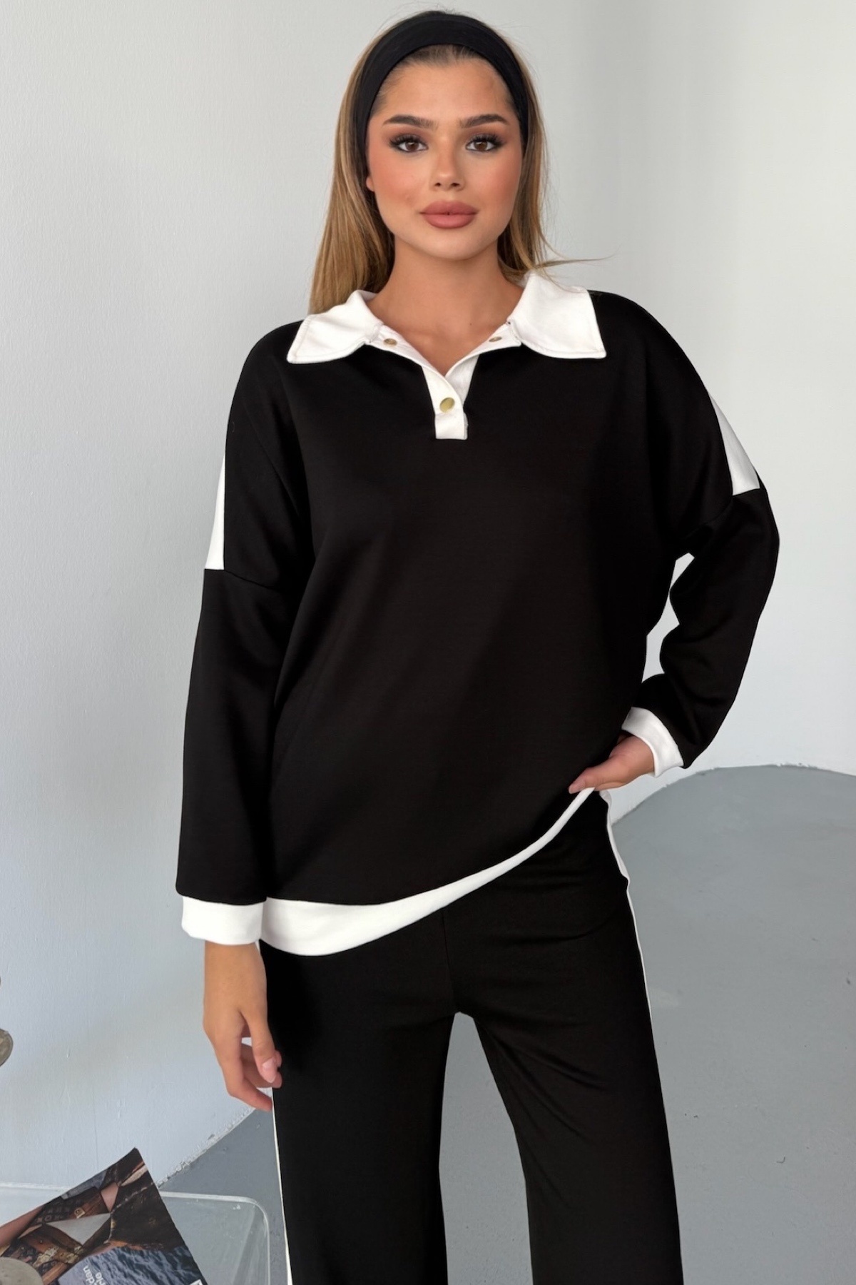 FEMELLE-Black Modal Fabric Cotton Double Set - Top and Bottom Set with Buttoned Collar 3