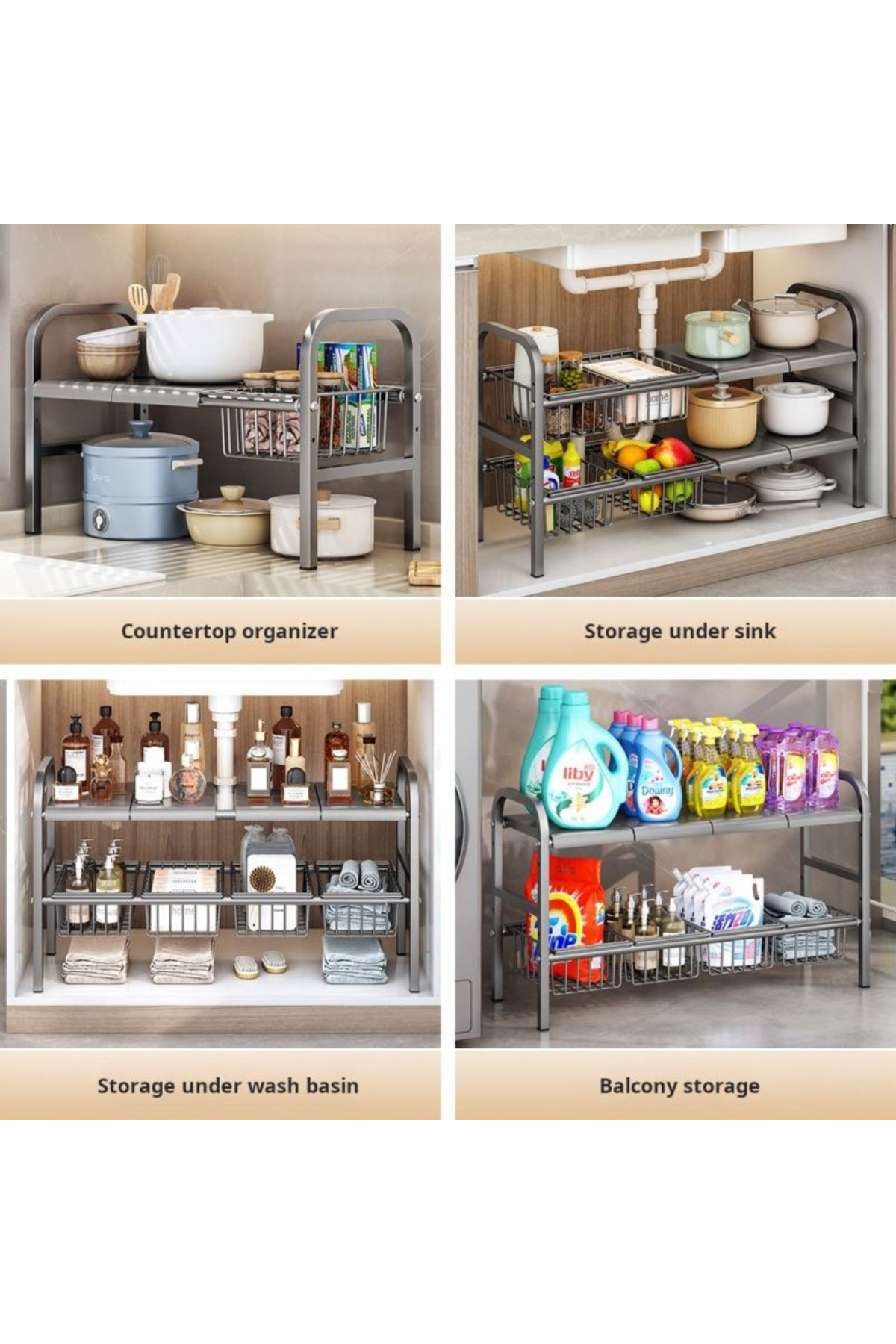 Choice-Adjustable and Expandable Multi-Function Under Sink Organizer Shelf White 2