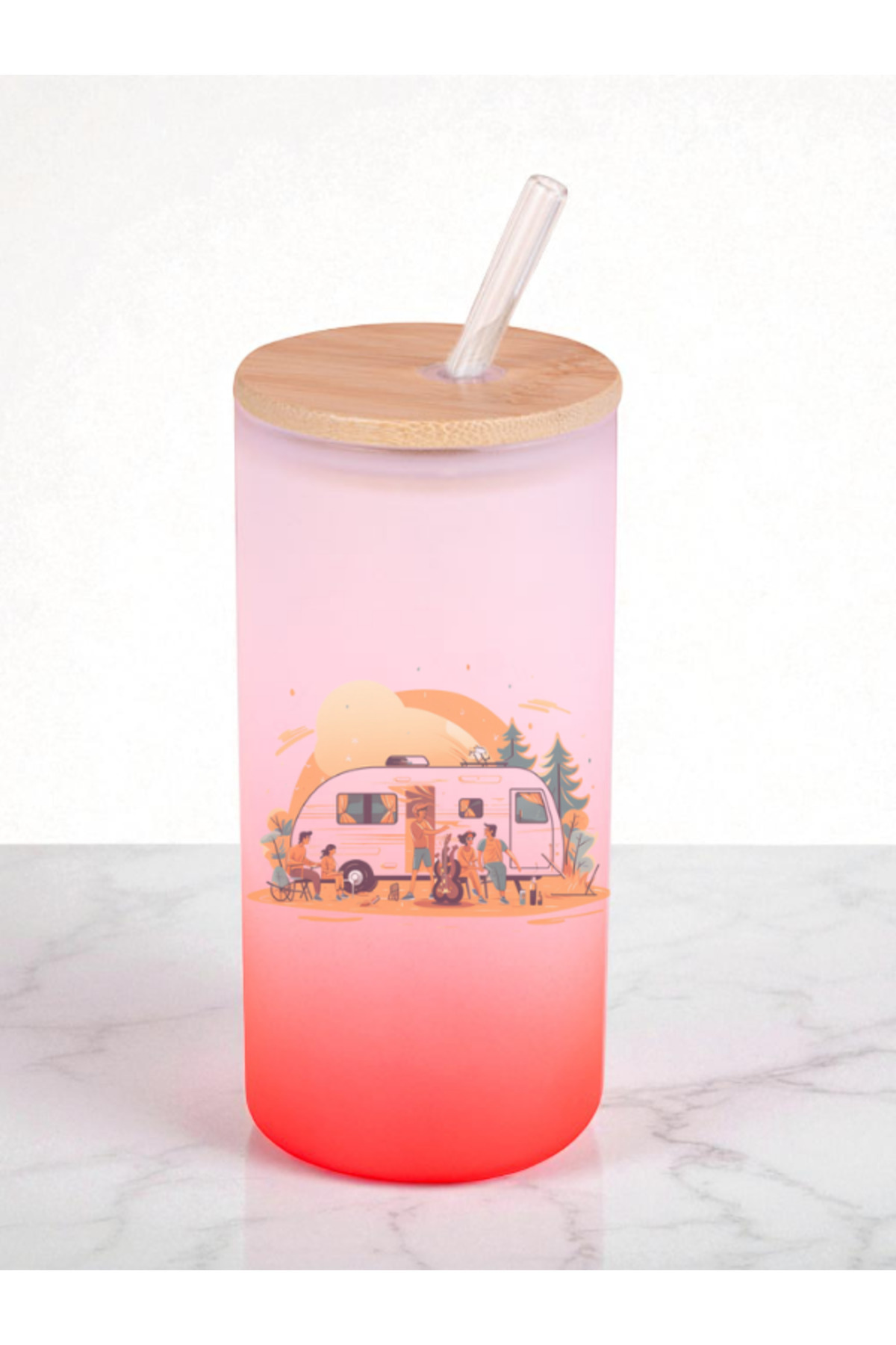 lili hediyelik-Caravan and Camping Theme Printed 600 ml Glass Flask - Water Flask, Drinking Flask, Glass Flask with Straw 1