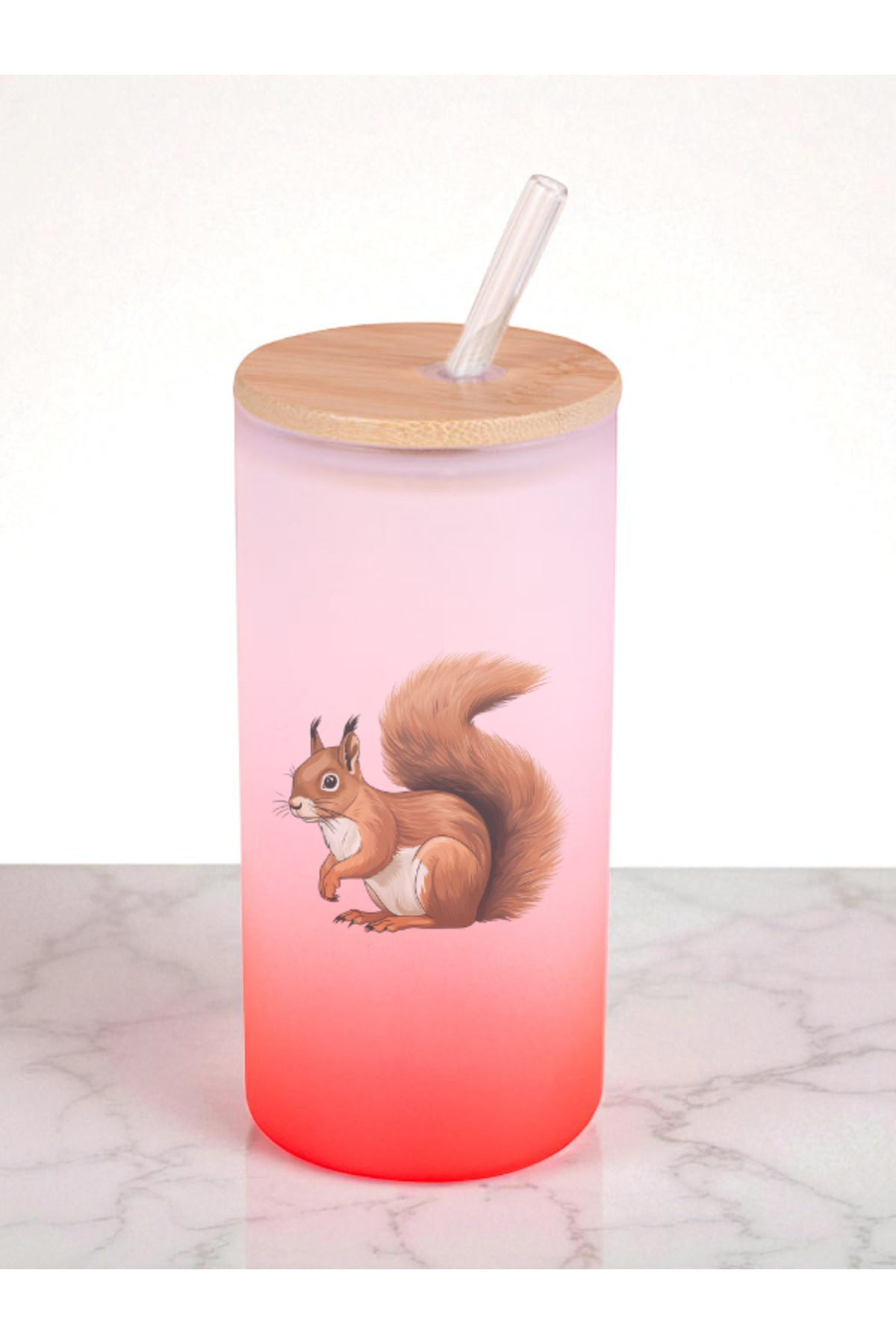 lili hediyelik-Squirrel Printed 600 ml Glass Flask - Water Flask, Drinking Flask, Glass Flask with Straw 1
