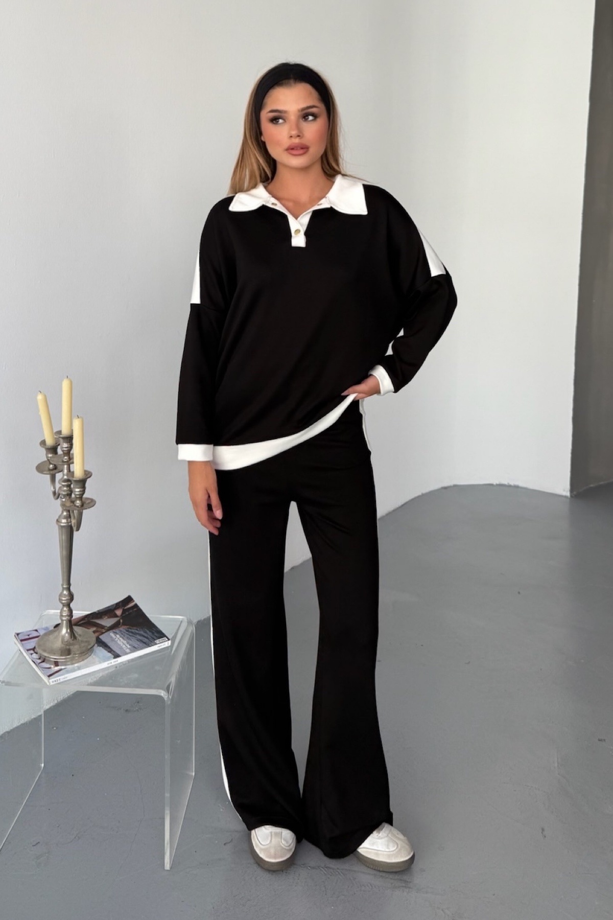 FEMELLE-Black Modal Fabric Cotton Double Set - Top and Bottom Set with Buttoned Collar 4