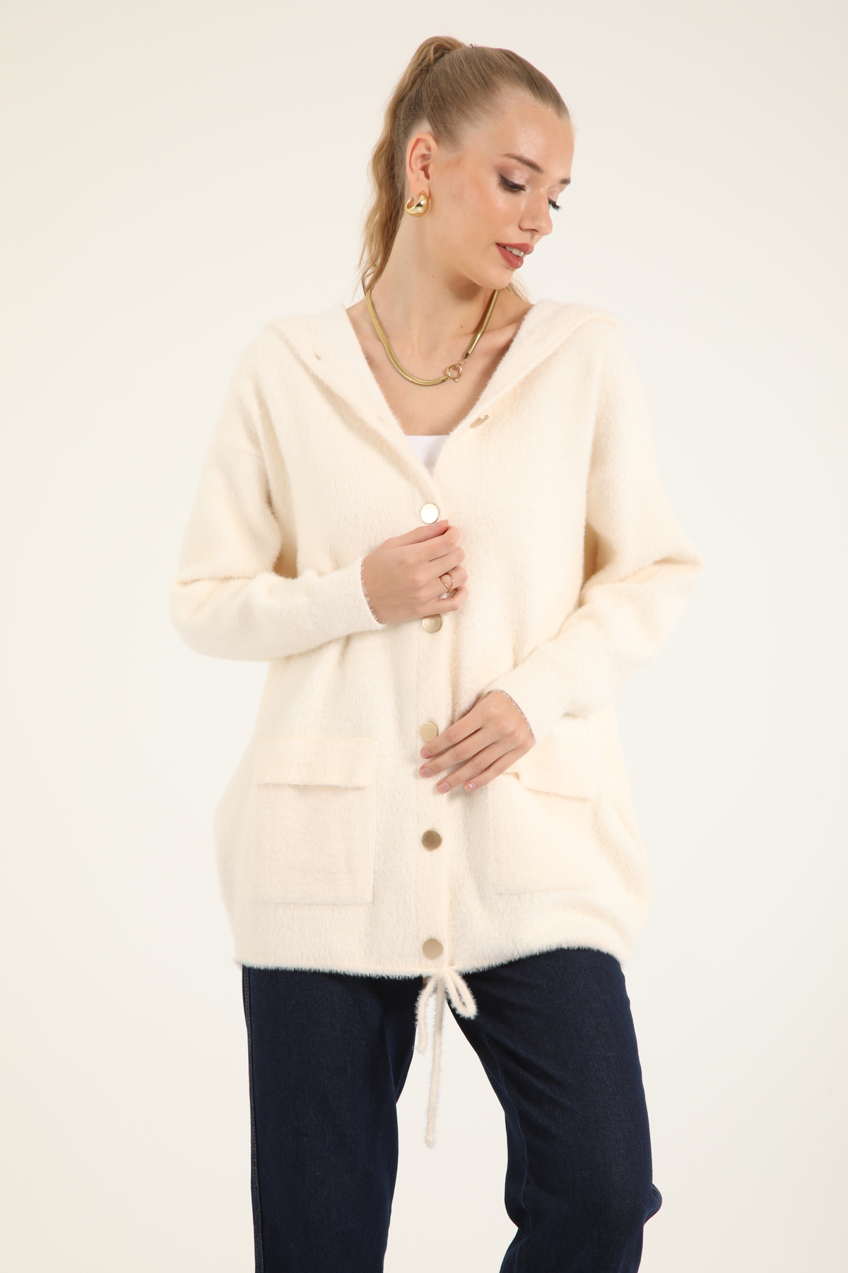 Suede Style 40936 - Şık Rahat Kapüşonlu Kadın Triko Ceket görsel 2