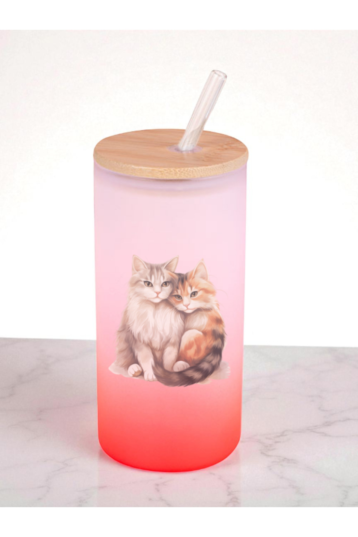 lili hediyelik-Hugging Cats Printed 600 ml Glass Flask - Water Flask, Drinking Flask, Glass Flask with Straw 1