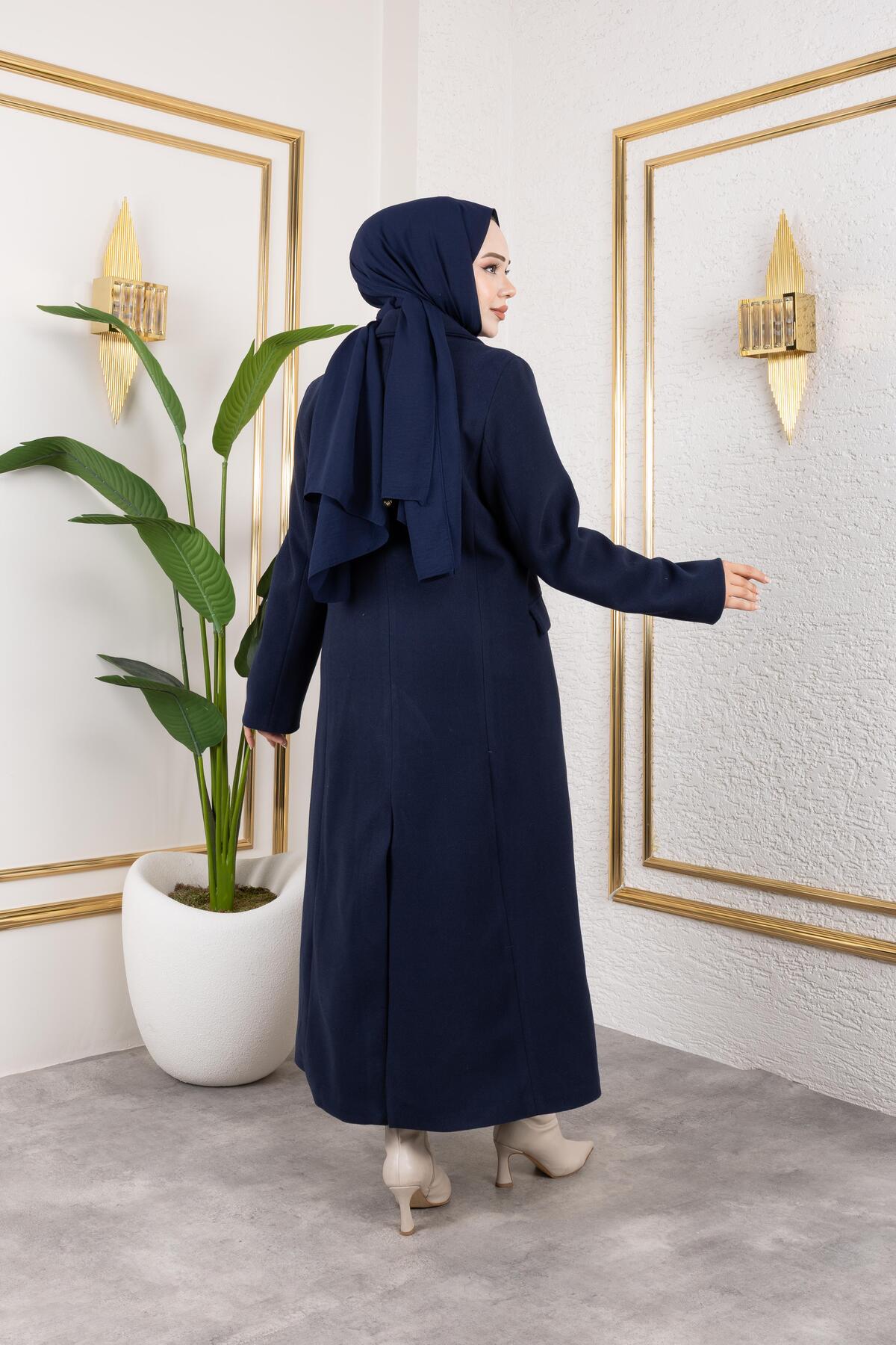 Hb Harma Time Butik  Kadın Astarlı Düğmeli Cepli Uzun Lacivert Kaşe Kaban - Görsel 5