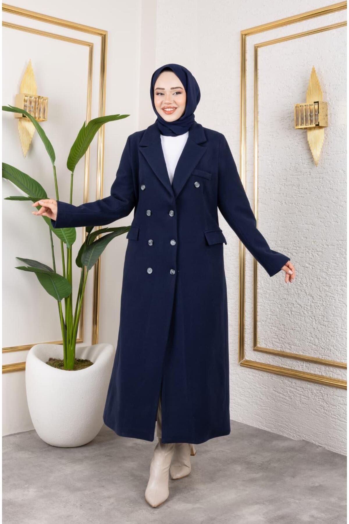 Hb Harma Time Butik  Kadın Astarlı Düğmeli Cepli Uzun Lacivert Kaşe Kaban