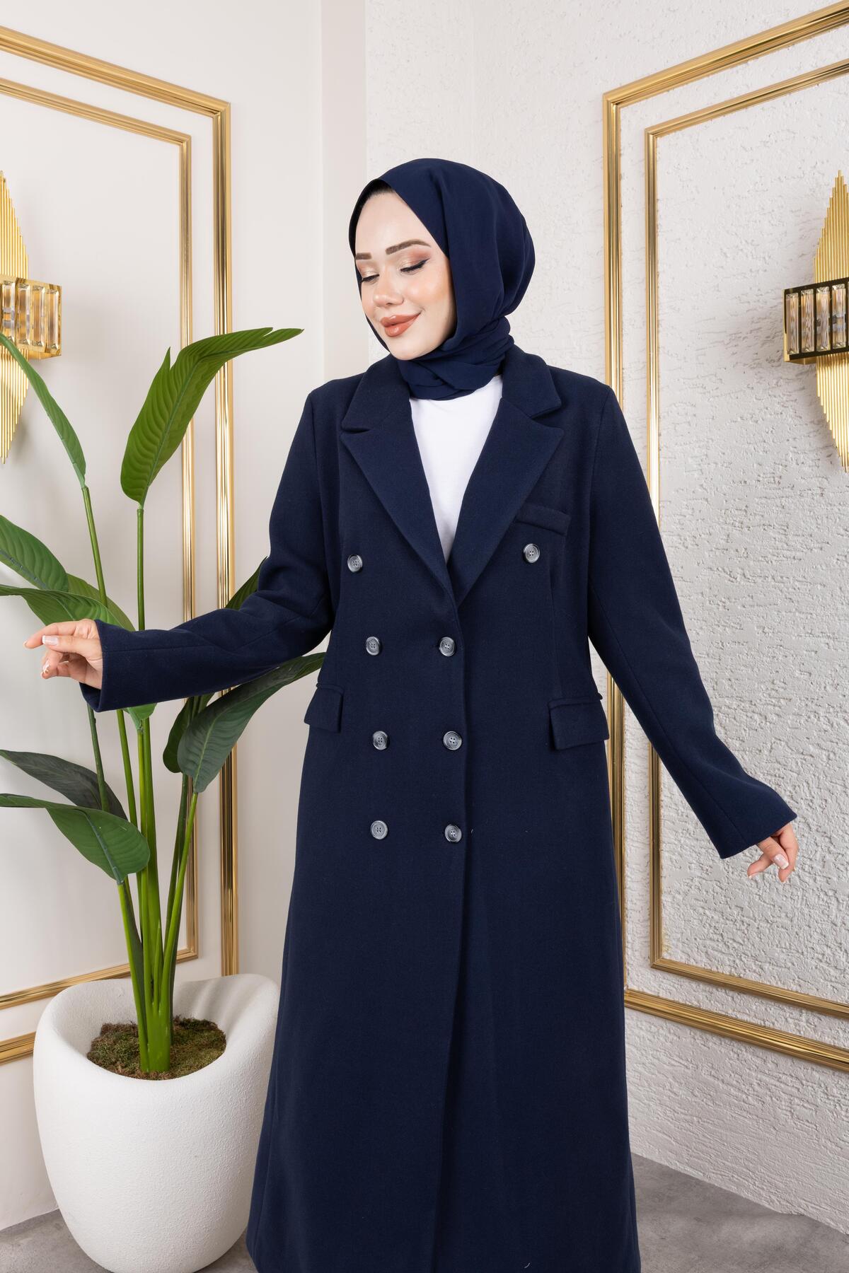 Hb Harma Time Butik  Kadın Astarlı Düğmeli Cepli Uzun Lacivert Kaşe Kaban - Görsel 4