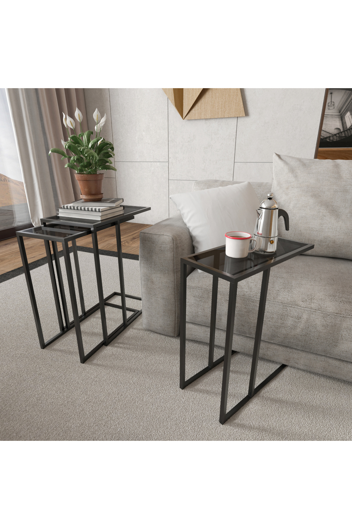 Marsah Home-Set of 3 rectangular coffee tables with smoked glass 2
