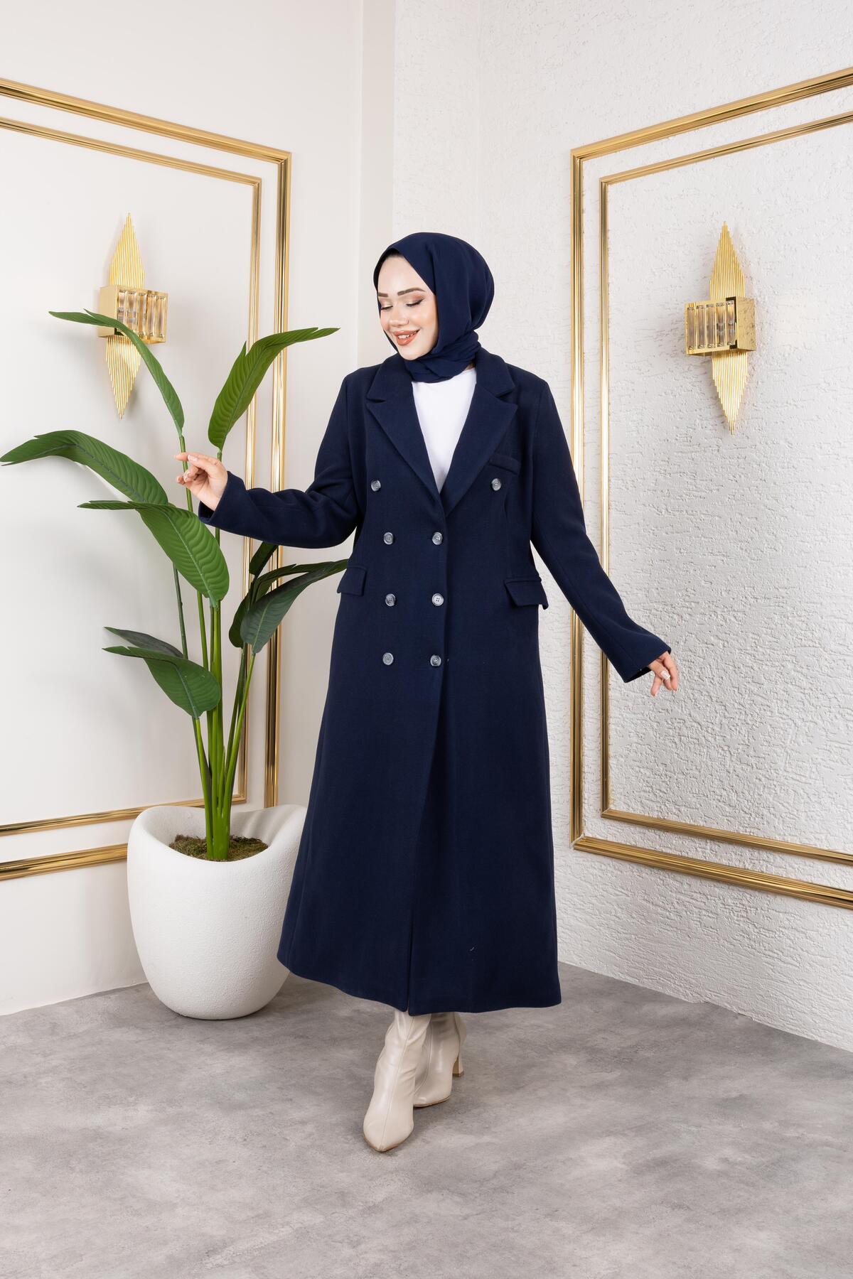 Hb Harma Time Butik  Kadın Astarlı Düğmeli Cepli Uzun Lacivert Kaşe Kaban - Görsel 2