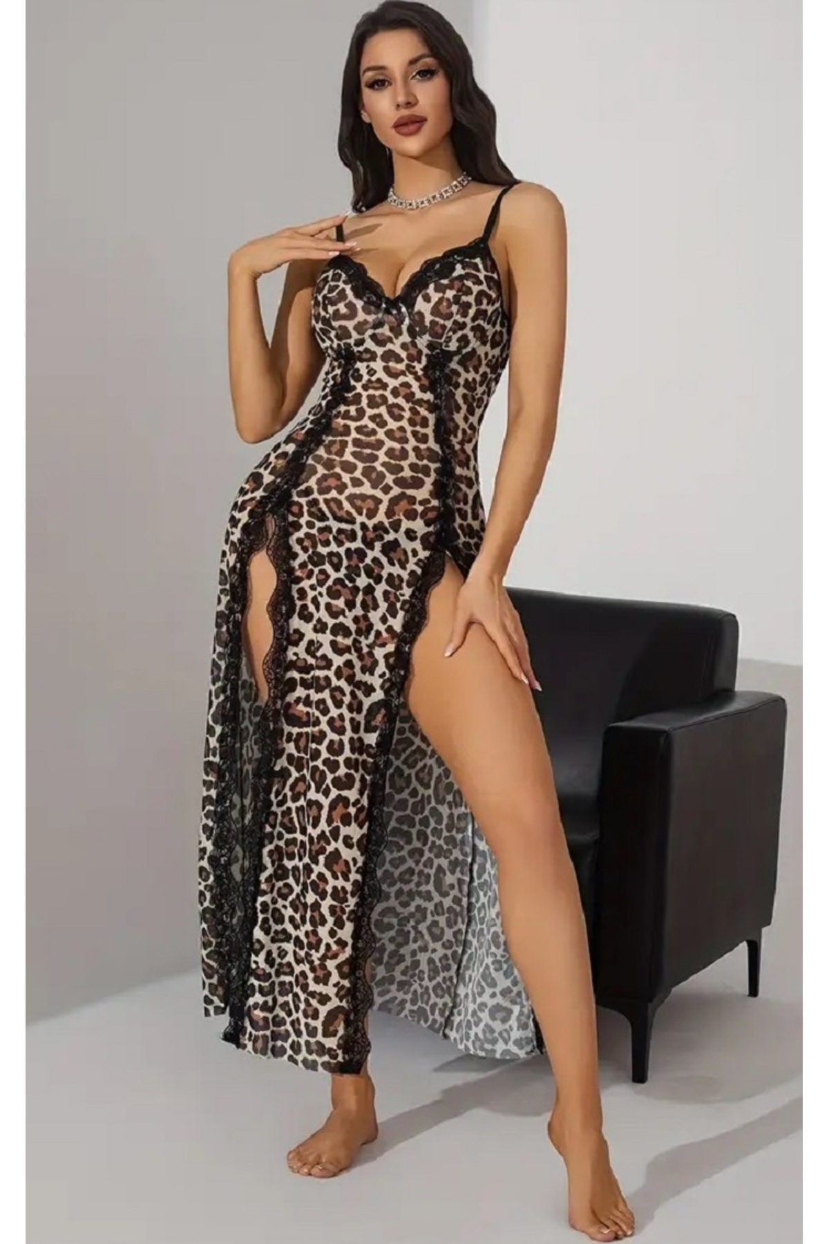 Lingeretta Romantik Gecelik Leopar Desenli 2 li Askılı Yırtmaçlı Uzun Gecelik