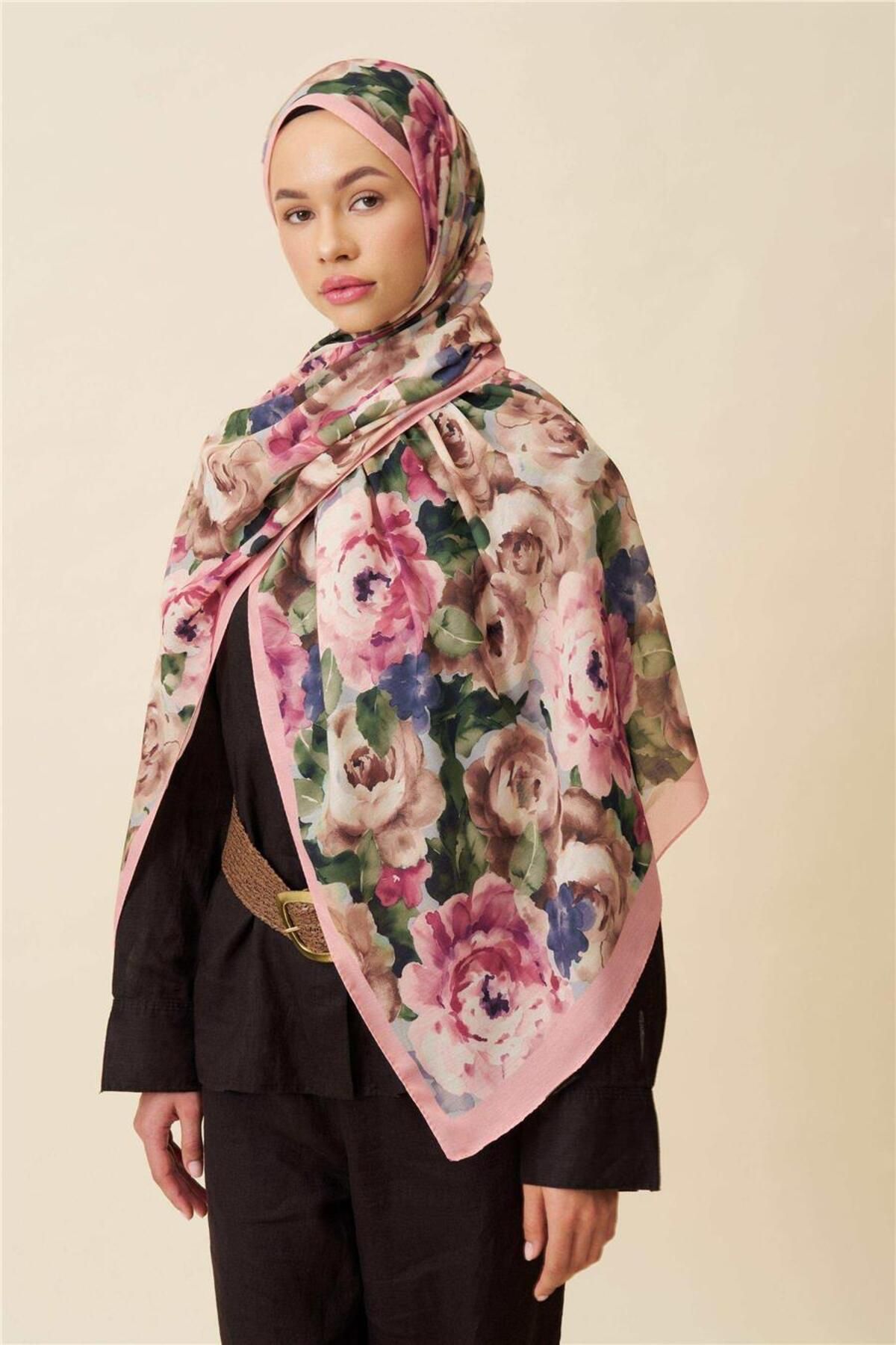 İpekhan-Fine Cotton Viscose Soft Shawl with Large Flower Pattern, Light and Stylish Shawl 1