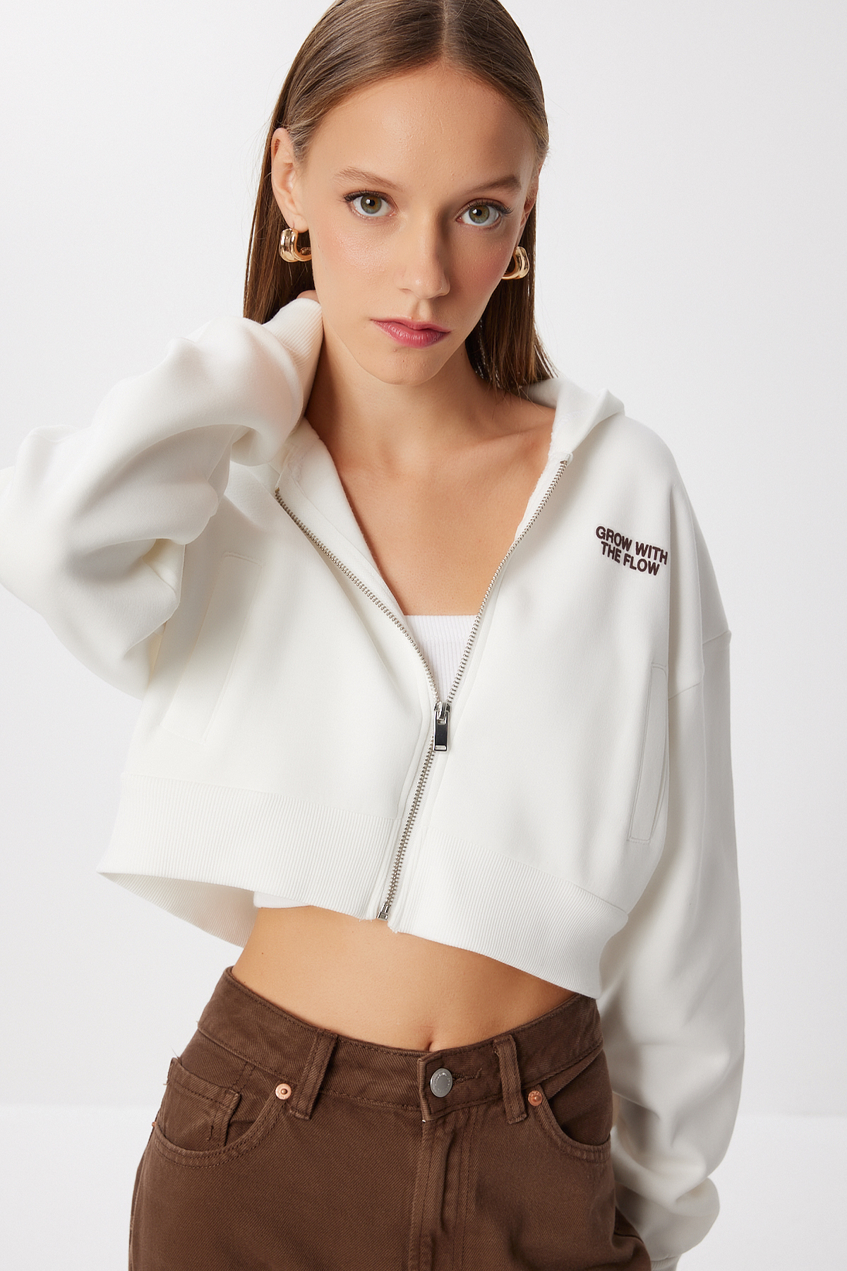 Lovelyİstanbul Kapüşonlu Baskılı Şardonlu Crop Örme Sweatshirt LUB0228 EKRU görsel 2