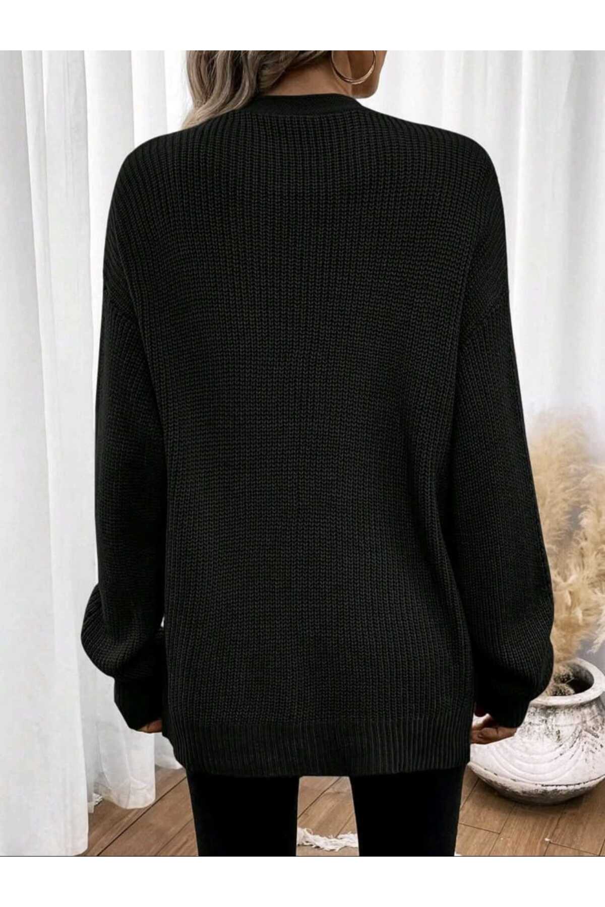 SolQ  Oversize Linksli Düğmesiz Uzun Salaş Kadın Triko Hırka - Görsel 4