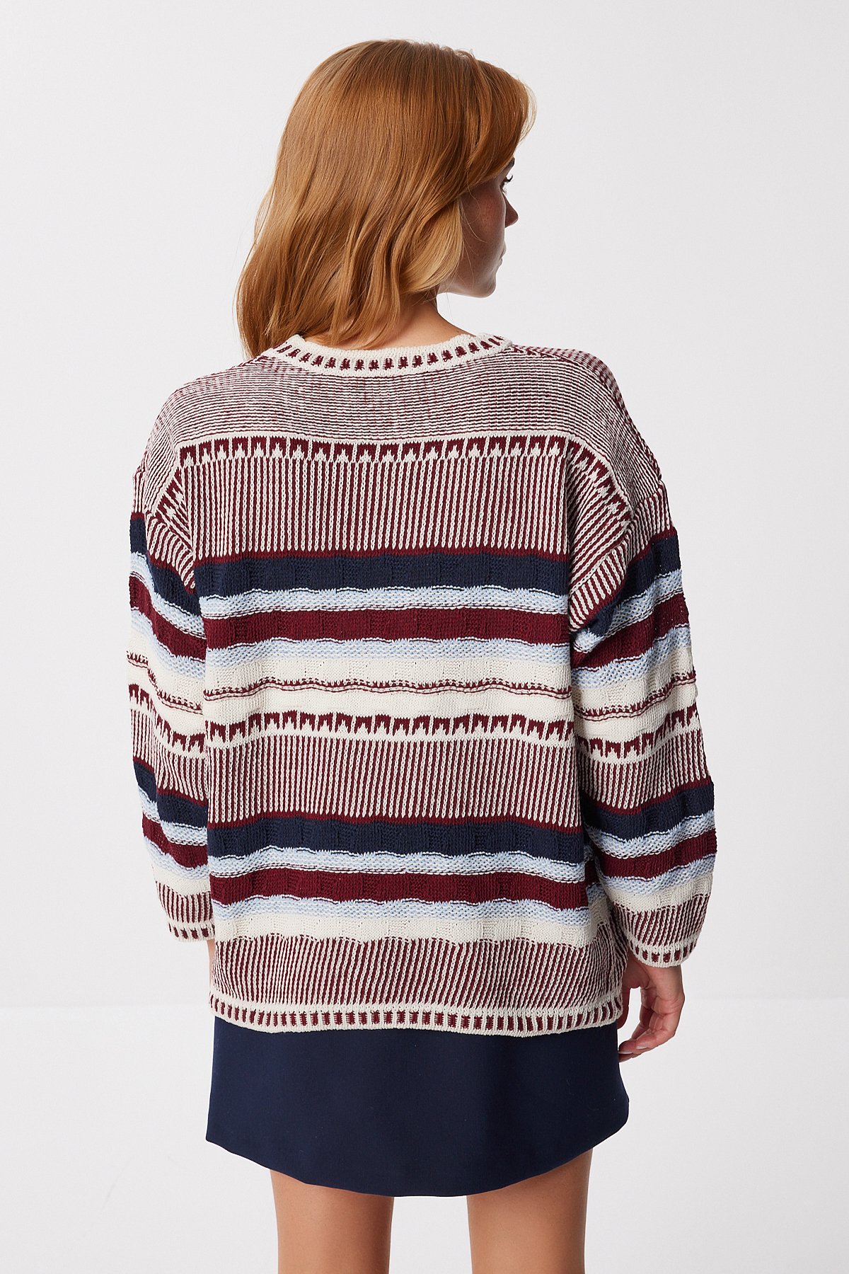 Lovelyİstanbul Çizgili Oversize Triko Kazak LAN0052 BORDO KEMİK görsel 4