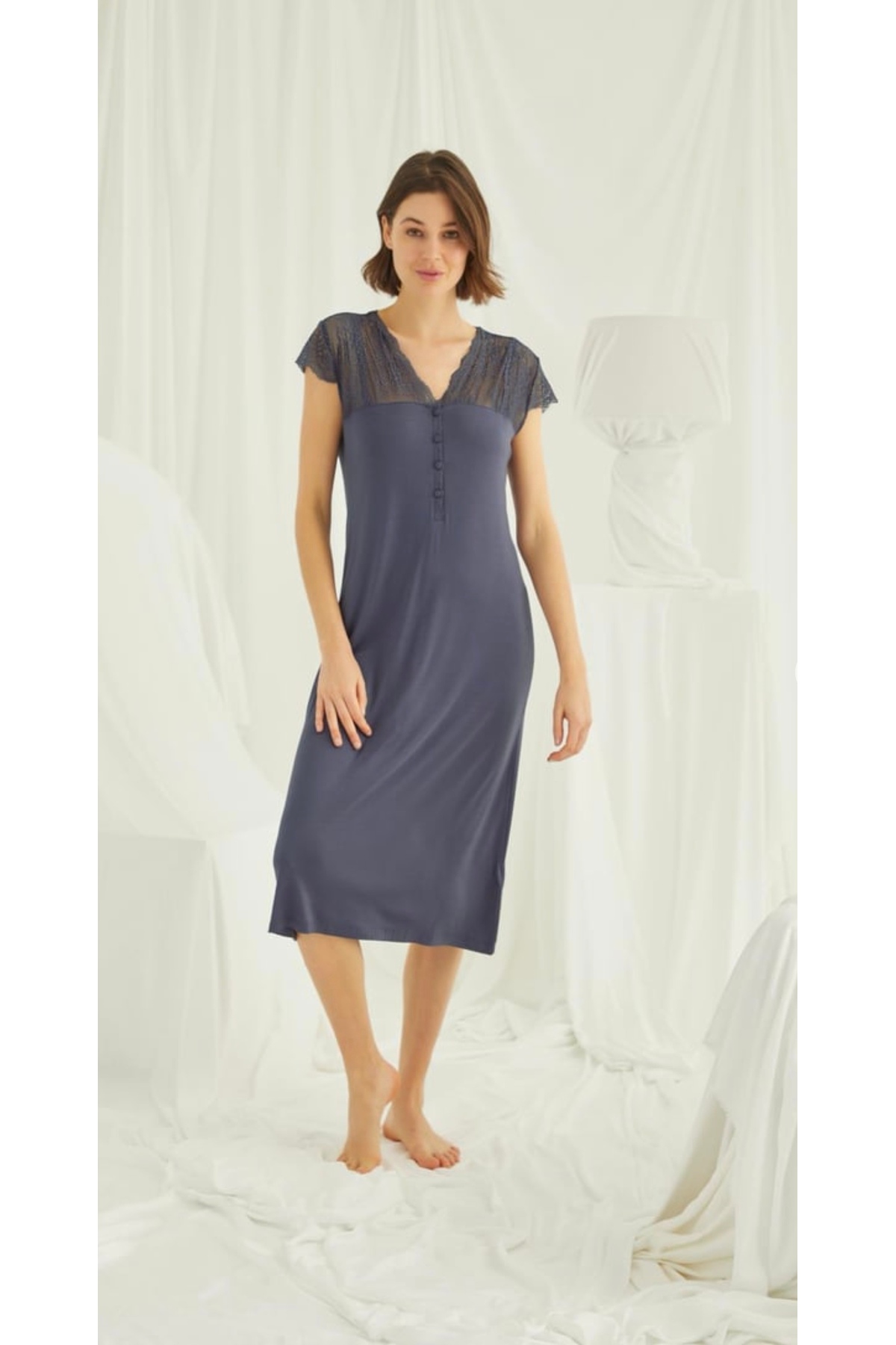 NightLove Monamise Dantelli Önü Düğmeli Gecelik 18404