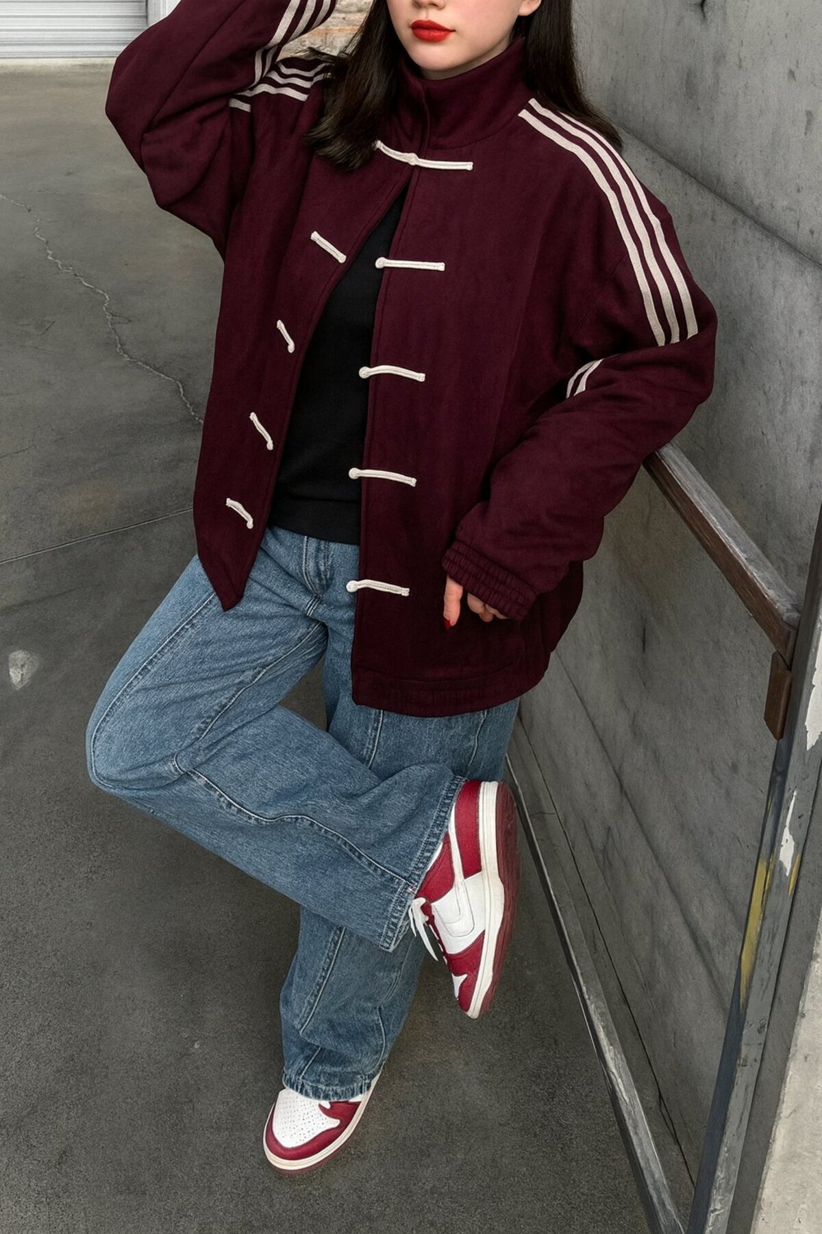 Gofeel  Y2k Üç Çizgili Kırmızı Vintage Oversize Unisex Ceket (3 iplik) - Görsel 2