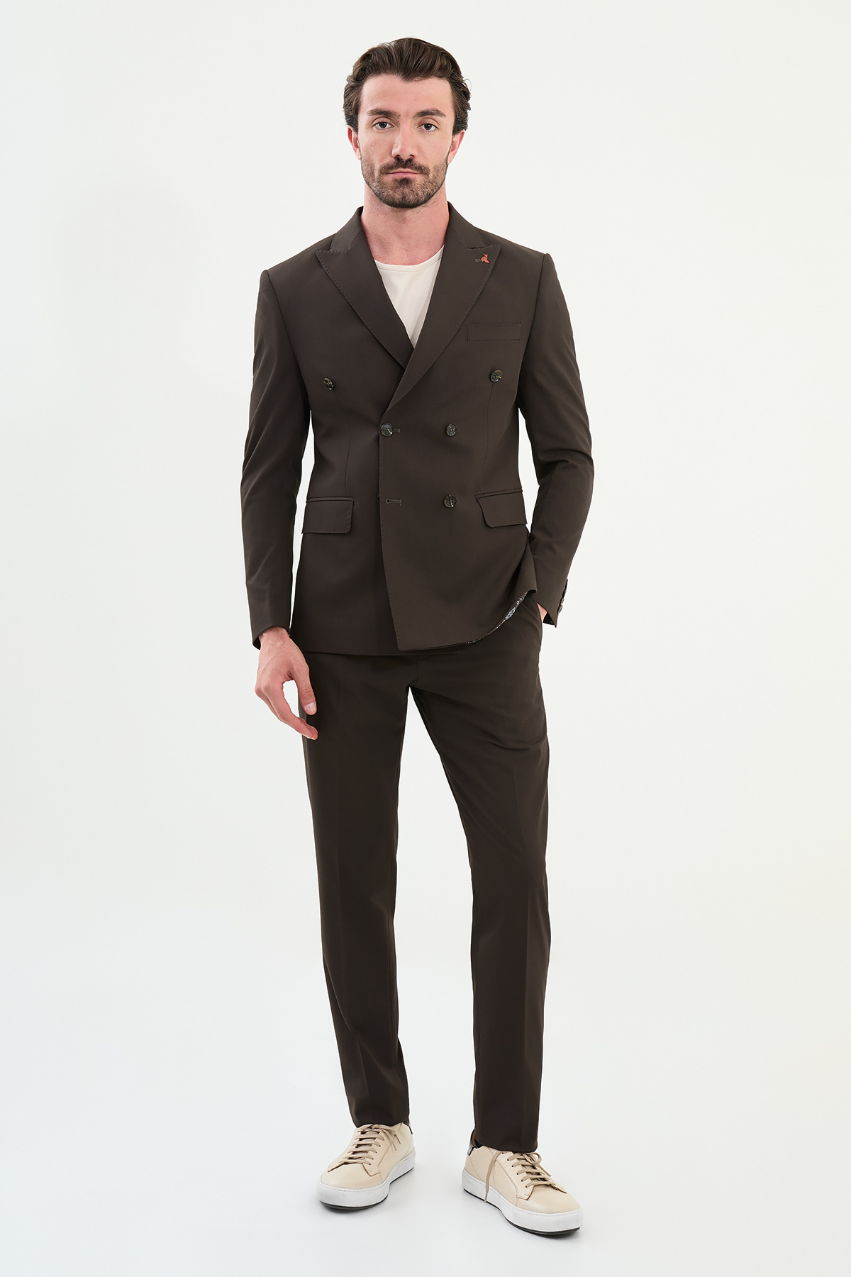 Düz Slim Fit Geniş Yaka Kruvaze Erkek Takım Elbise Kahve - 45392.25Y — رنگارنگ — تصویر 3 از 6