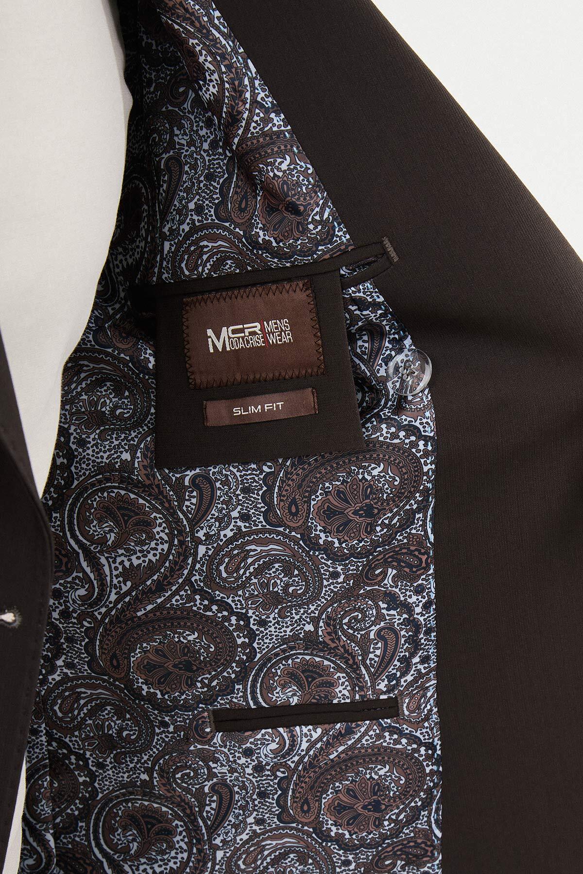 Düz Slim Fit Geniş Yaka Kruvaze Erkek Takım Elbise Kahve - 45392.25Y — رنگارنگ — تصویر 6 از 6