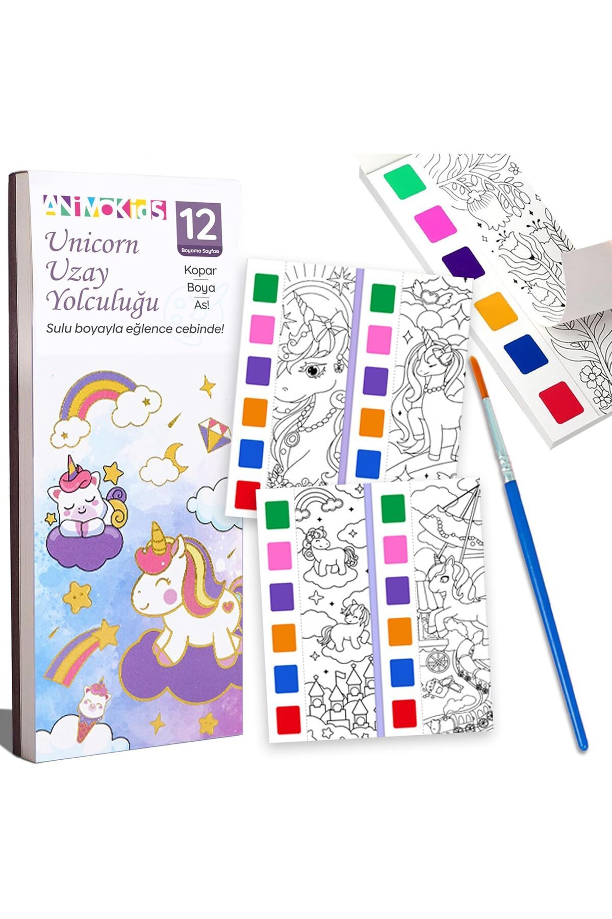 STOREMAX Renk Paletli Sulu Boya Kitabı + Fırça, 12 Sayfa Boyama Kitabı, Aktivite Boyama Seti, Çocuklar i