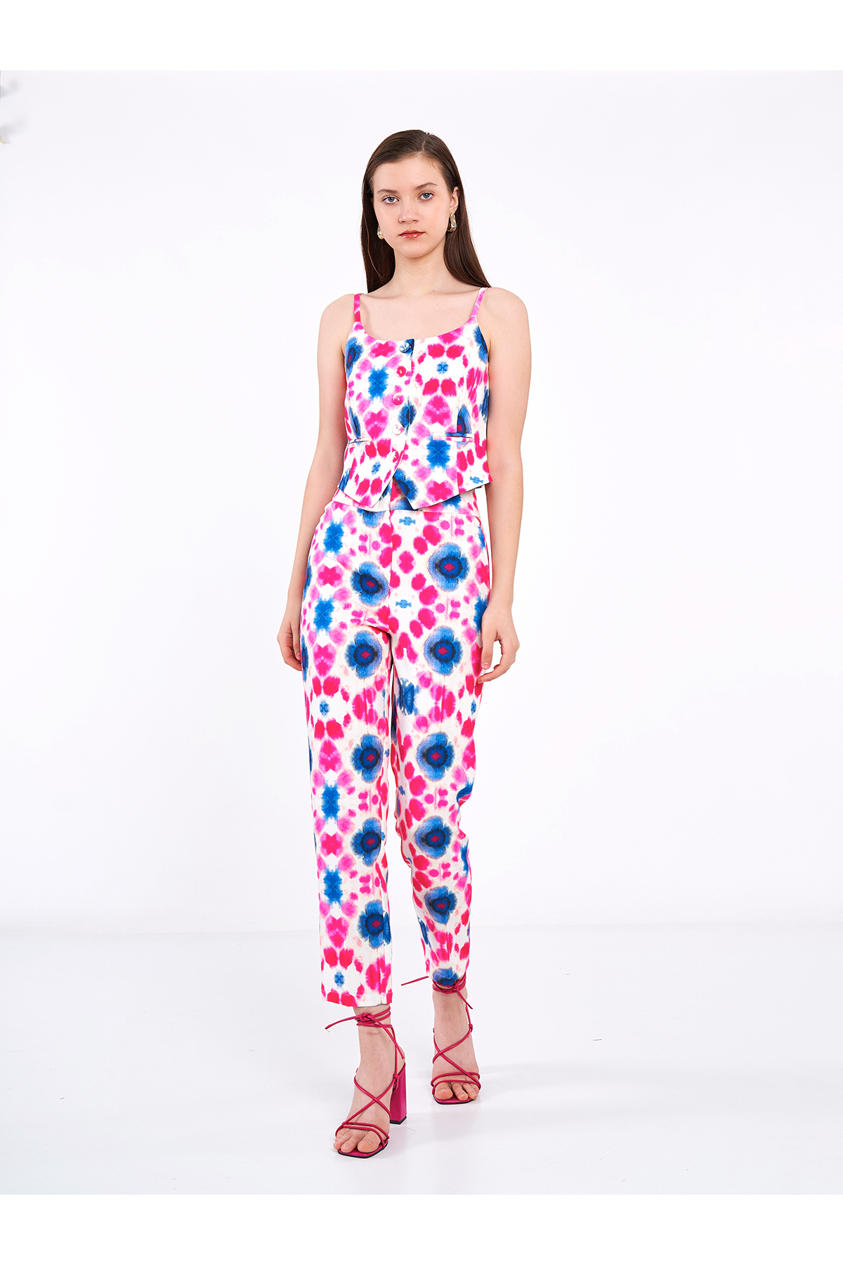 Swass-Fuchsia Feather Patterned Strap Vest and Pants Set 1