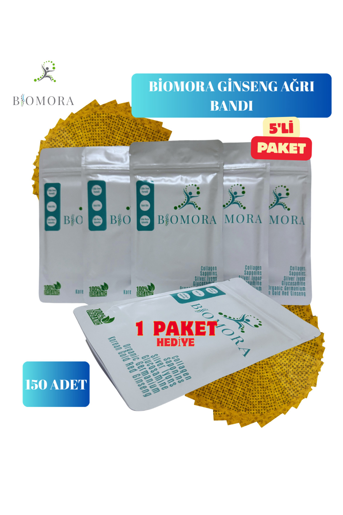 Biomora Ginseng ağrı bandı Hızlı etki ve rahatlatıcı 5+1 paket 150 adet bant