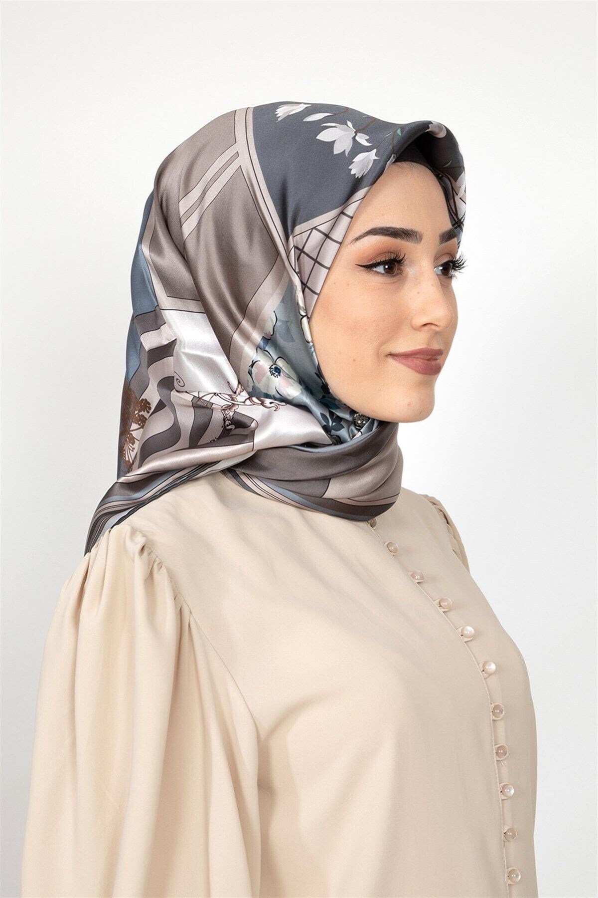 Modern Twill Ipek Desenli Modern İpek Eşarp Kadın Eşarp Gri