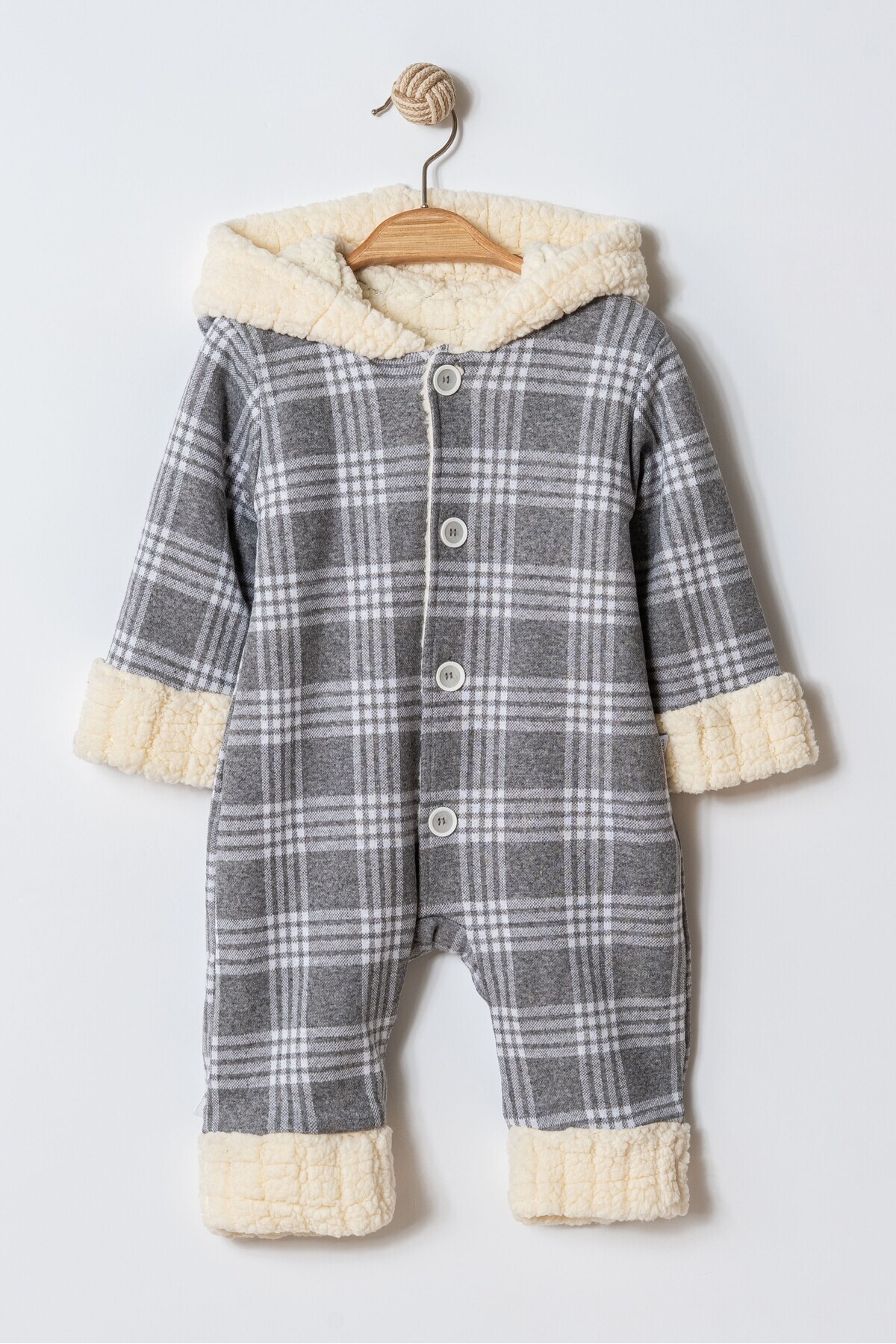 Chicsy Baby Kışlık Tatlı Kareli İçi Peluşlu Kapüşonlu Düğmeli Bebek Tulum