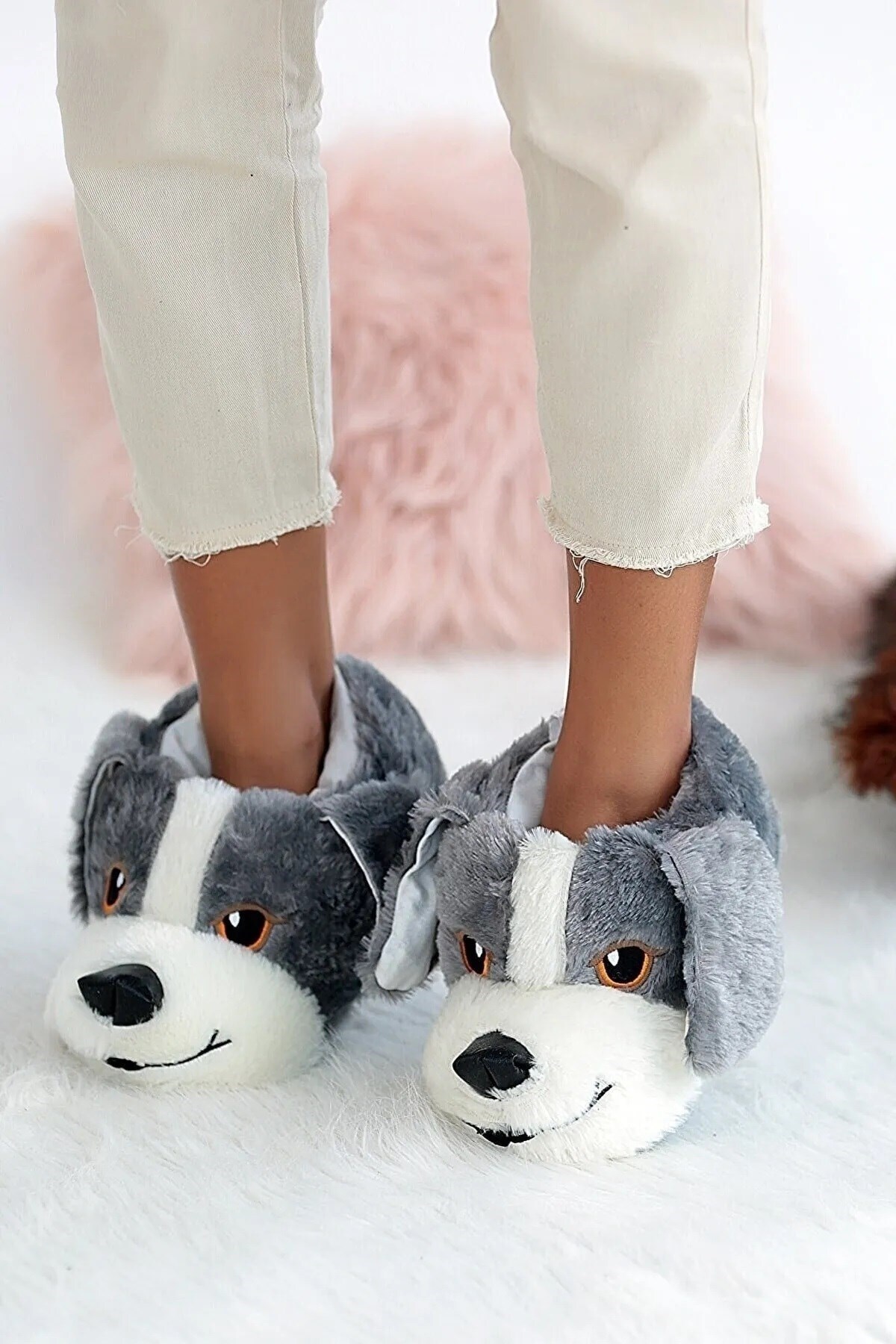 ALTUNTAŞ Unisex - Kadın - Erkek - Kız - Siyah Beyaz Köpekli Panduf Ev Botu görsel 4