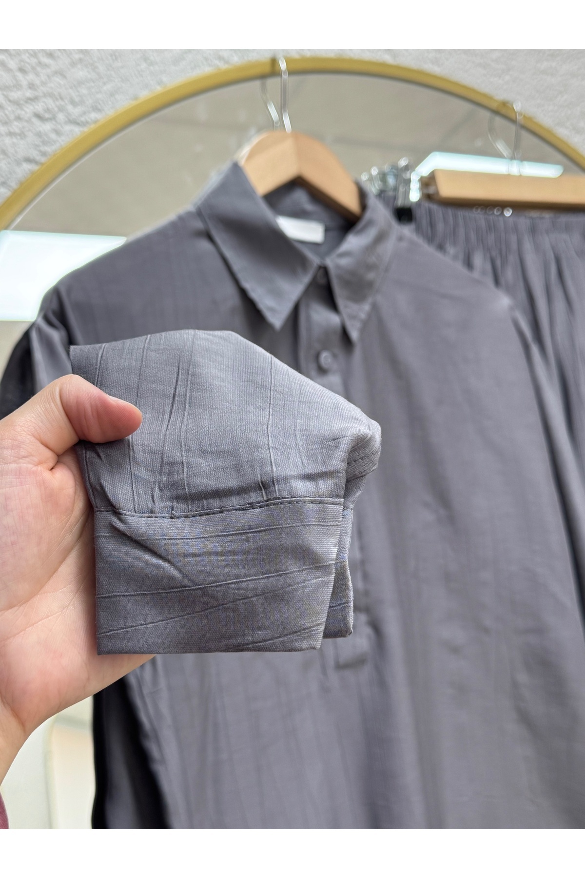 MİHRA STORE-Glarus Wrinkled Strawberry Suit with Drawstring Sides and Buttons-Mf458 Anthracite 4