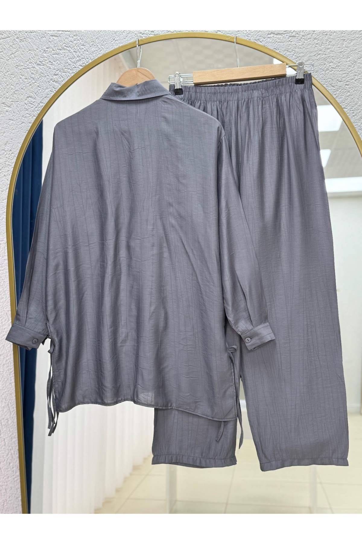 MİHRA STORE-Glarus Wrinkled Strawberry Suit with Drawstring Sides and Buttons-Mf458 Anthracite 6