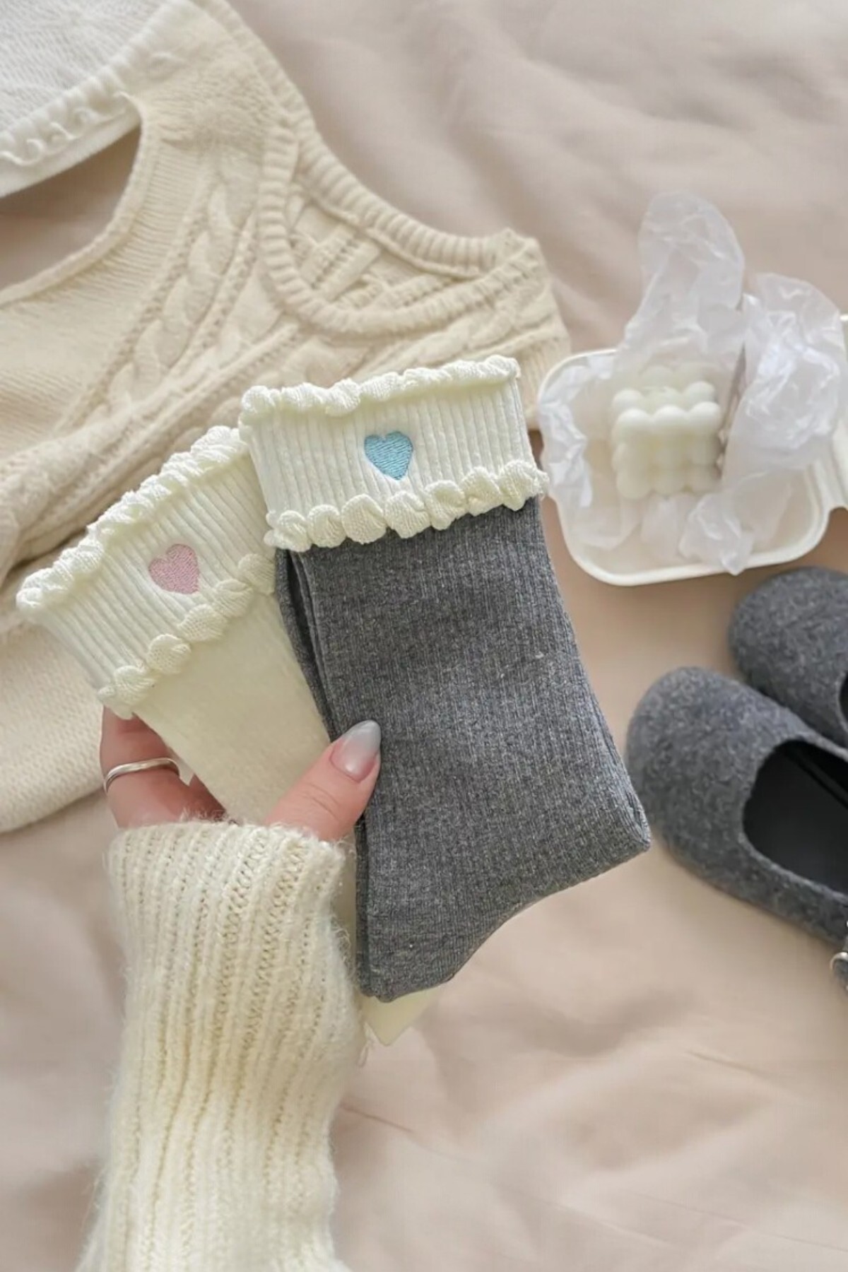 Hitit Socks Kadın 5 Çift Premium Kalite Dantel Kalp Desenli Çift Katmanlı Kore Tarzı Soket Çorap görsel 5