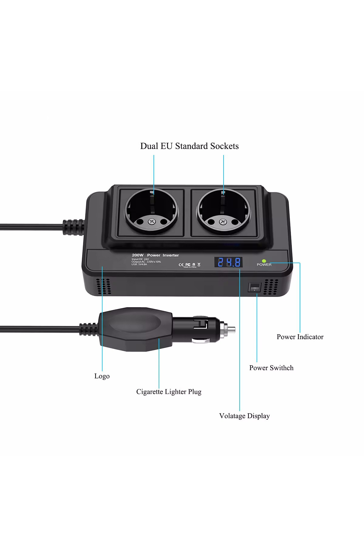 INNOVIX-Car Power Inverter 200W, DC12V to AC220V, LCD Display, 2 AC EU Sockets, 4 USB-C Fast 5