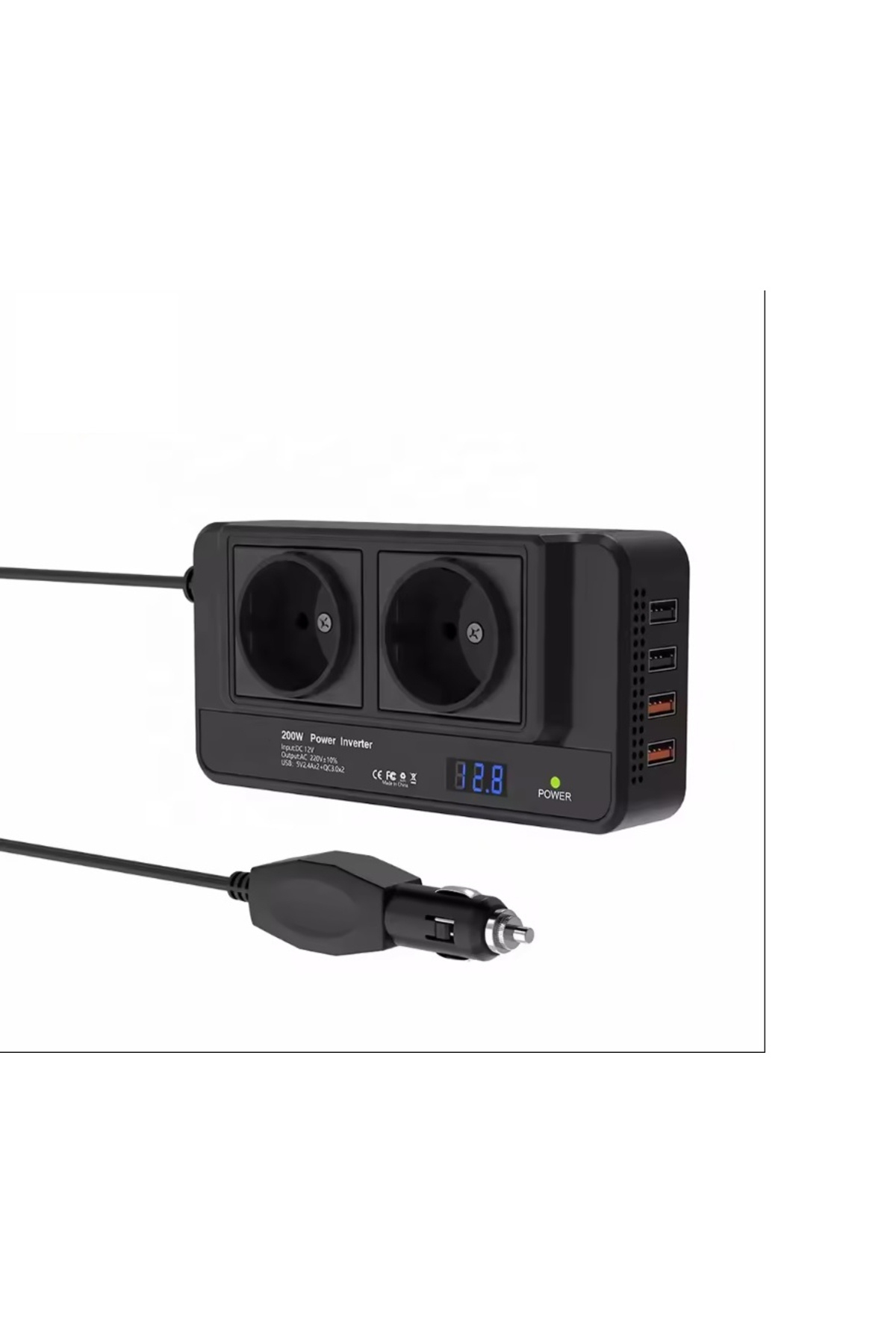 INNOVIX-Car Power Inverter 200W, DC12V to AC220V, LCD Display, 2 AC EU Sockets, 4 USB-C Fast 6
