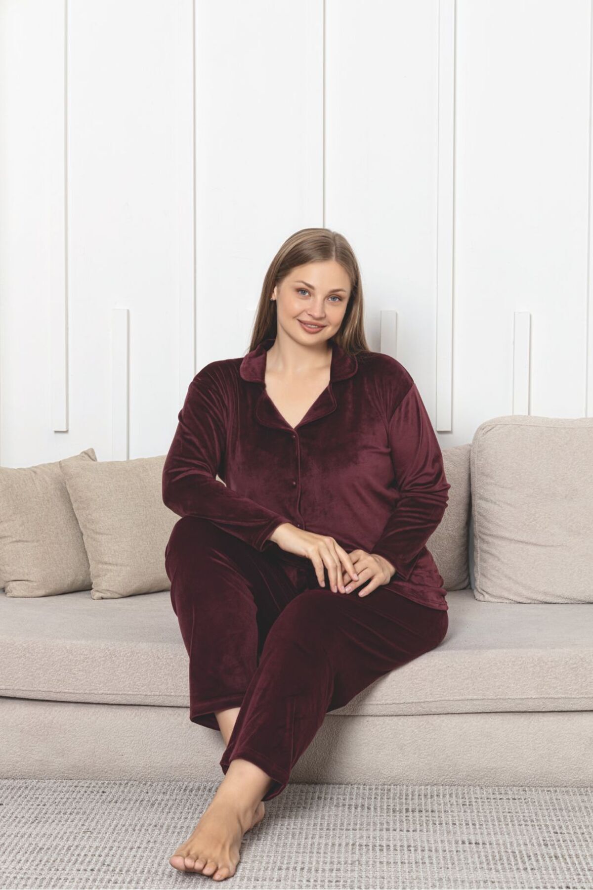 Asel-Plus Size Button-Down Velvet Fabric Pajama Set 2