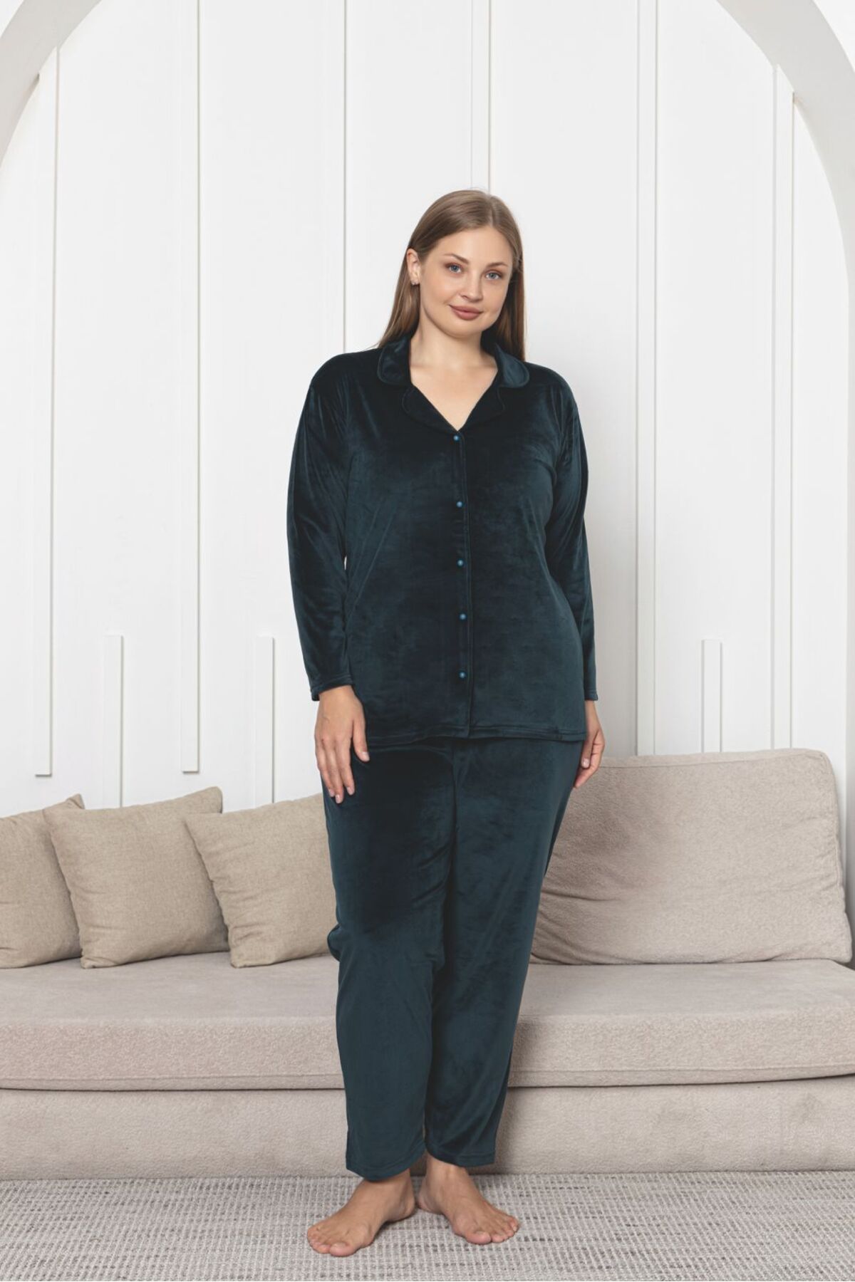 Asel-Plus Size Button-Down Velvet Fabric Pajama Set 1