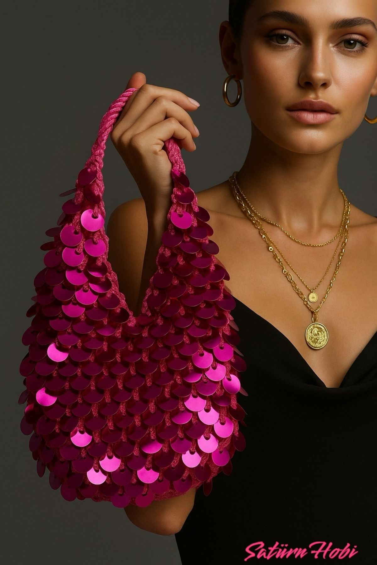 Satürn Hobi-Knitted Fuchsia Sequined Mesh Model Mini Size Unlined Handbag 1