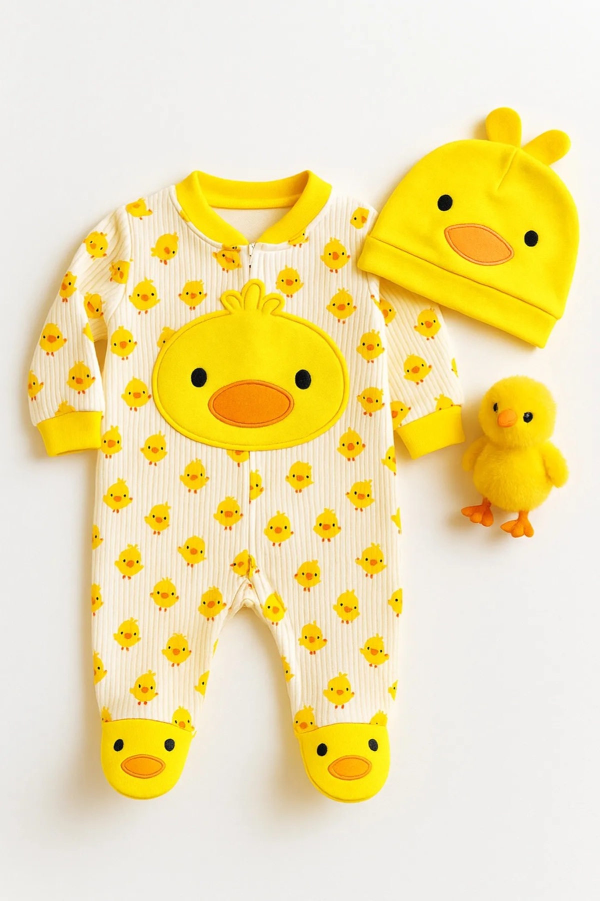 ENİA BABY Kız Erkek Bebek Civcivli Tulum 2 Parça Şapkalı Oyuncak Dahil Değildir 2li Set Takım Pamuklu fotoğrafı 2 (önizleme)