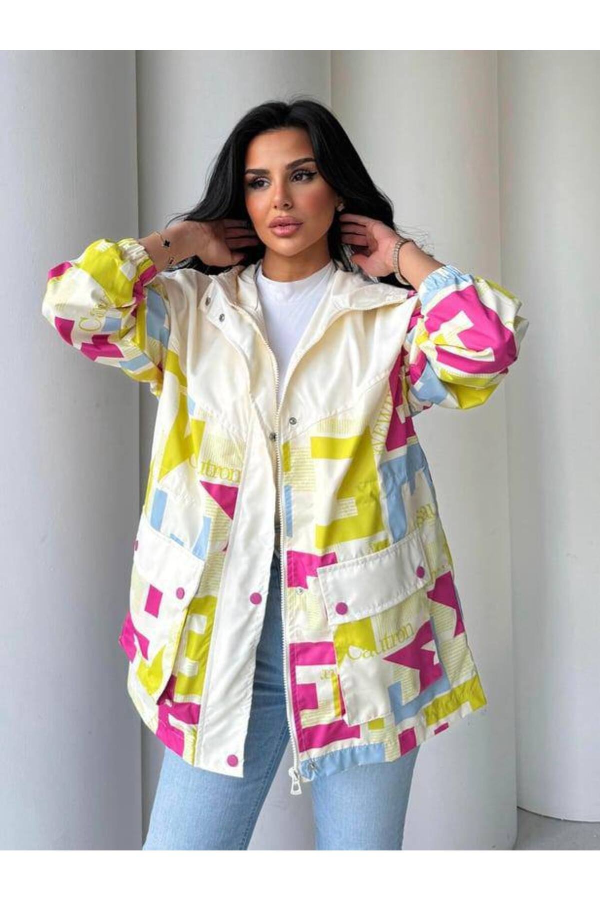 MATTİ MODA Geometrik Desen Çok Renkli Yağmurluk