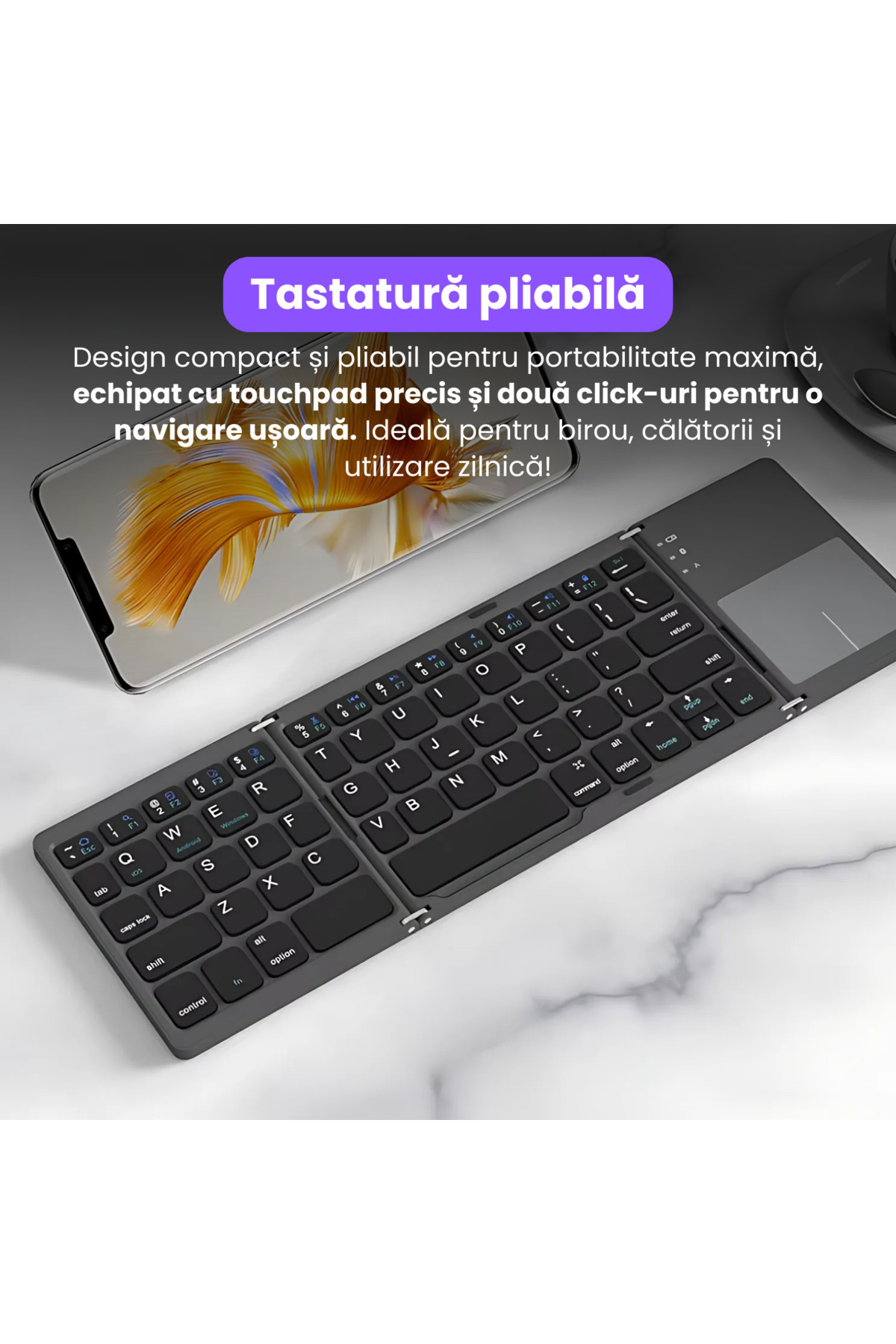 BRAGUS-Ultra-thin foldable keyboard, touchpad, wireless and compatible with Android, iOS, Smart TV, black 2