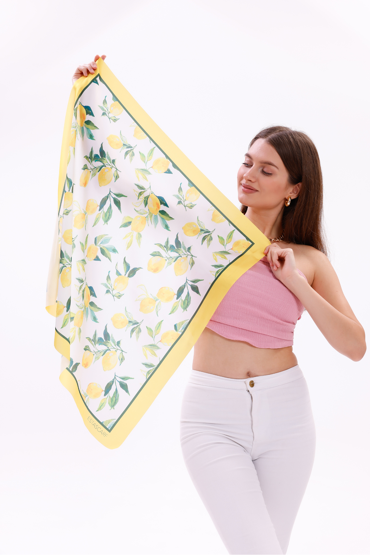 tarzınısec Limon Desenli - Mersin Fular Bandana Şal Estascarf 70x70 Cm görsel 6