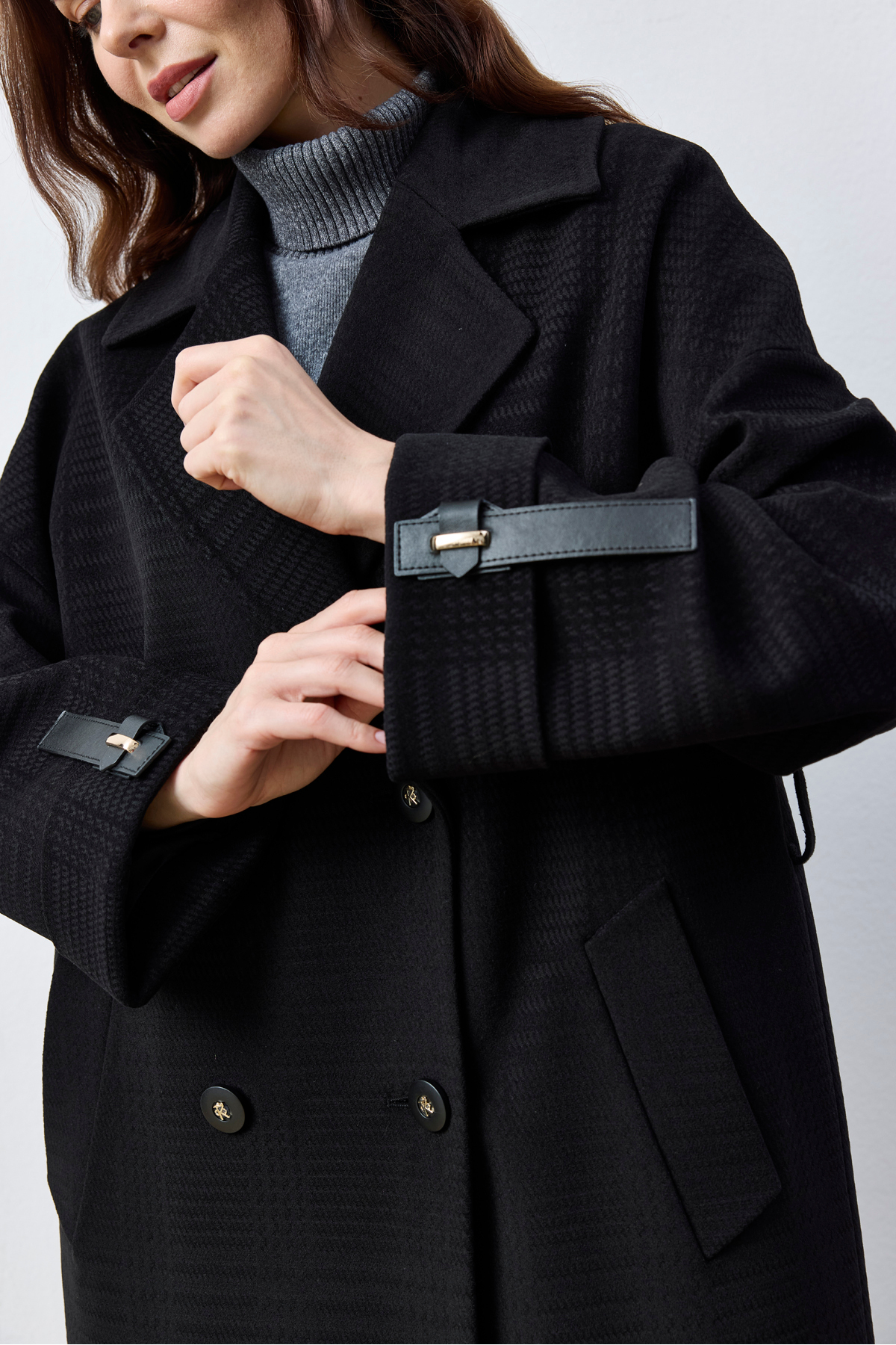 Kent  Oversize Siyah Uzun Kaban Kuşaklı, Kendinden Dokulu Kumaş - Görsel 5