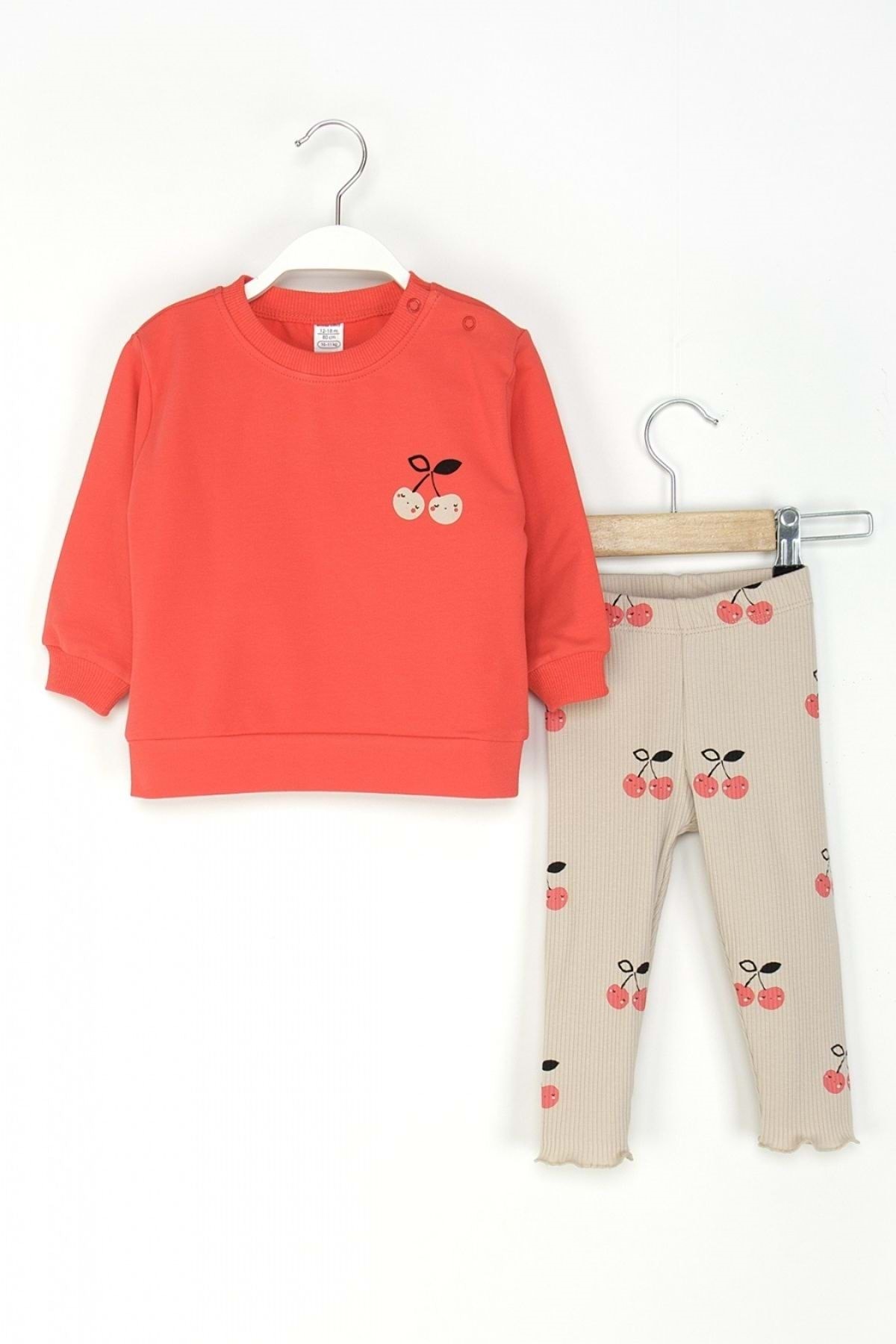 ww waka waka kids store Kız Çocuk Kiraz Baskılı Eşofman Takımı – Pembe & Kırmızı fotoğrafı 2 (önizleme)