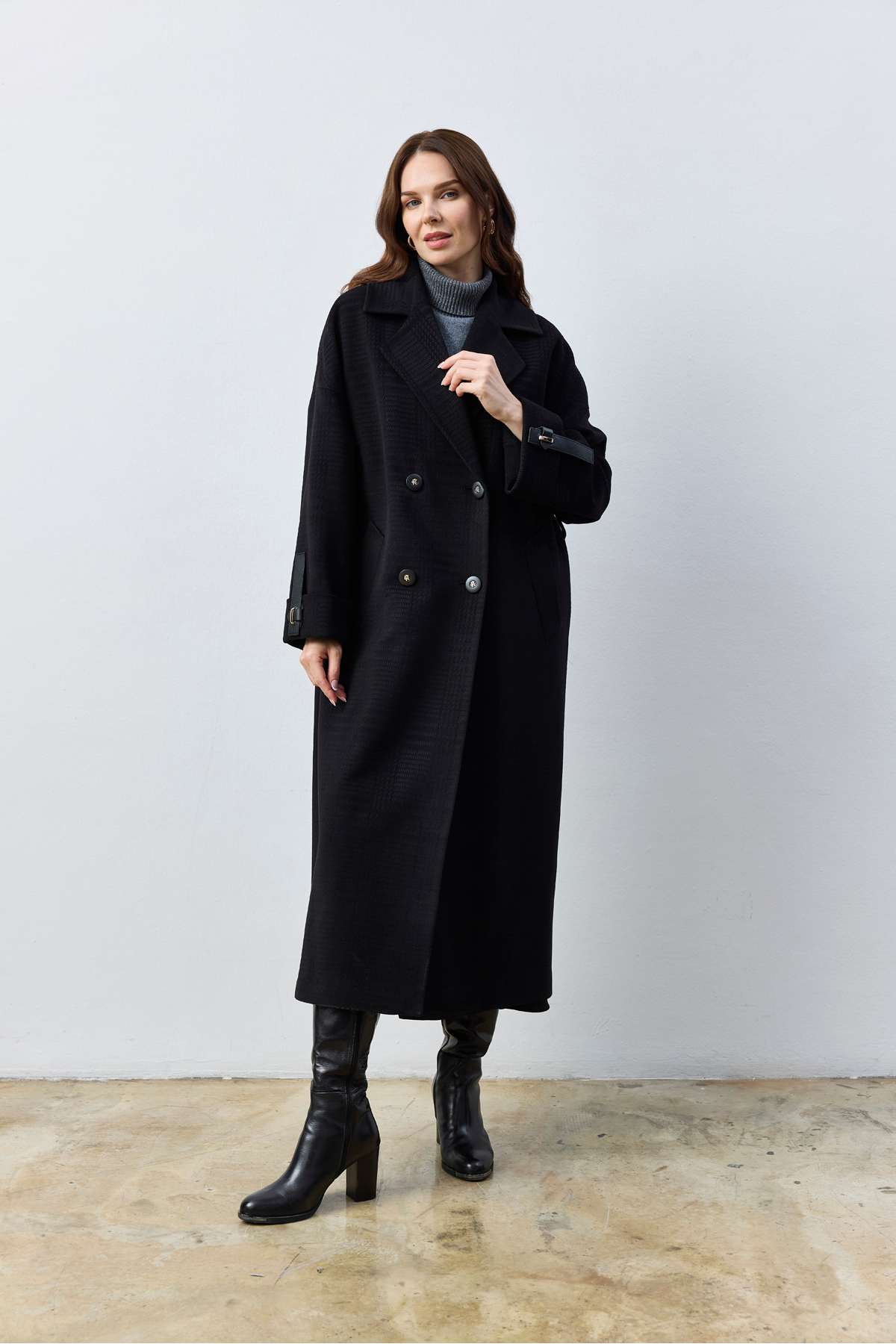 Kent  Oversize Siyah Uzun Kaban Kuşaklı, Kendinden Dokulu Kumaş - Görsel 6