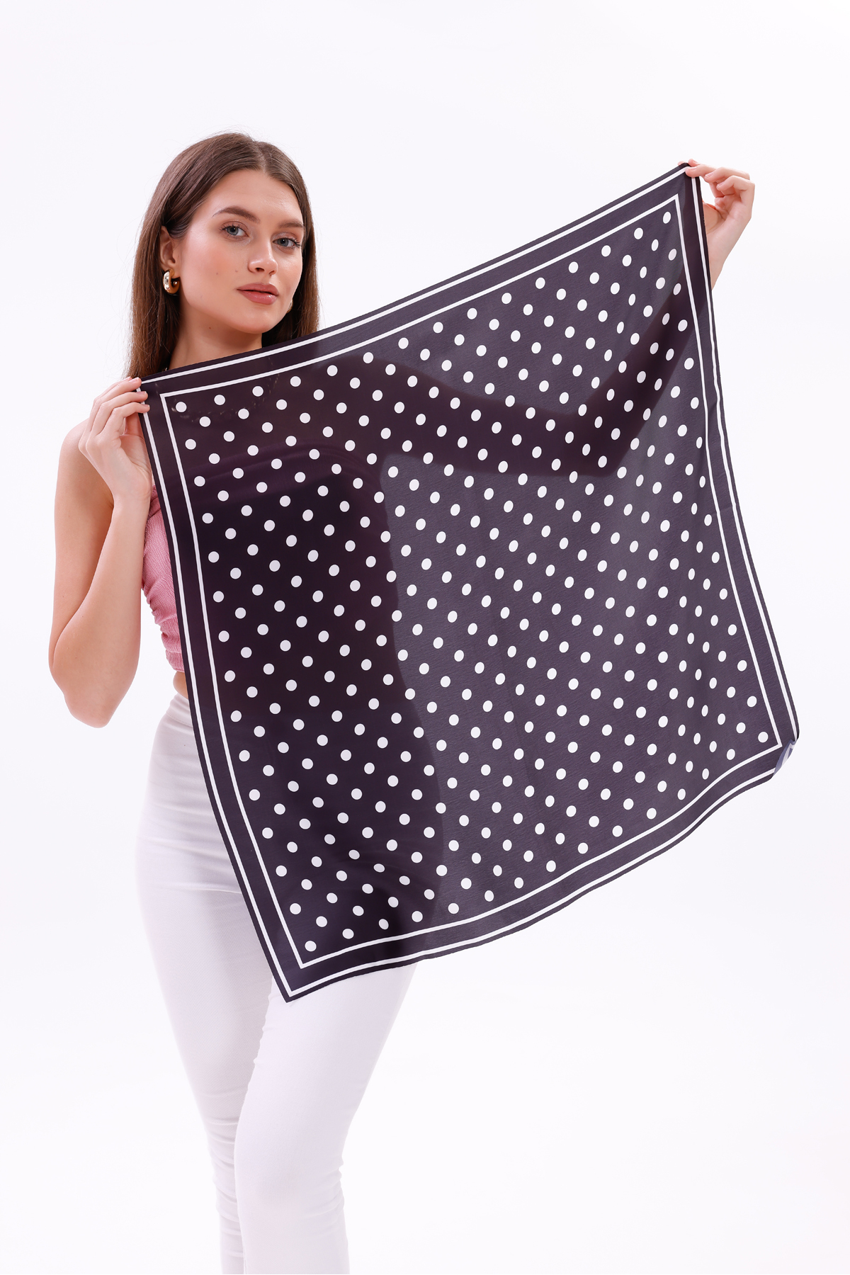 tarzınısec Siyah Beyaz Puantiye Model Fular Bandana Şal Estascarf 70x70 Cm görsel 6