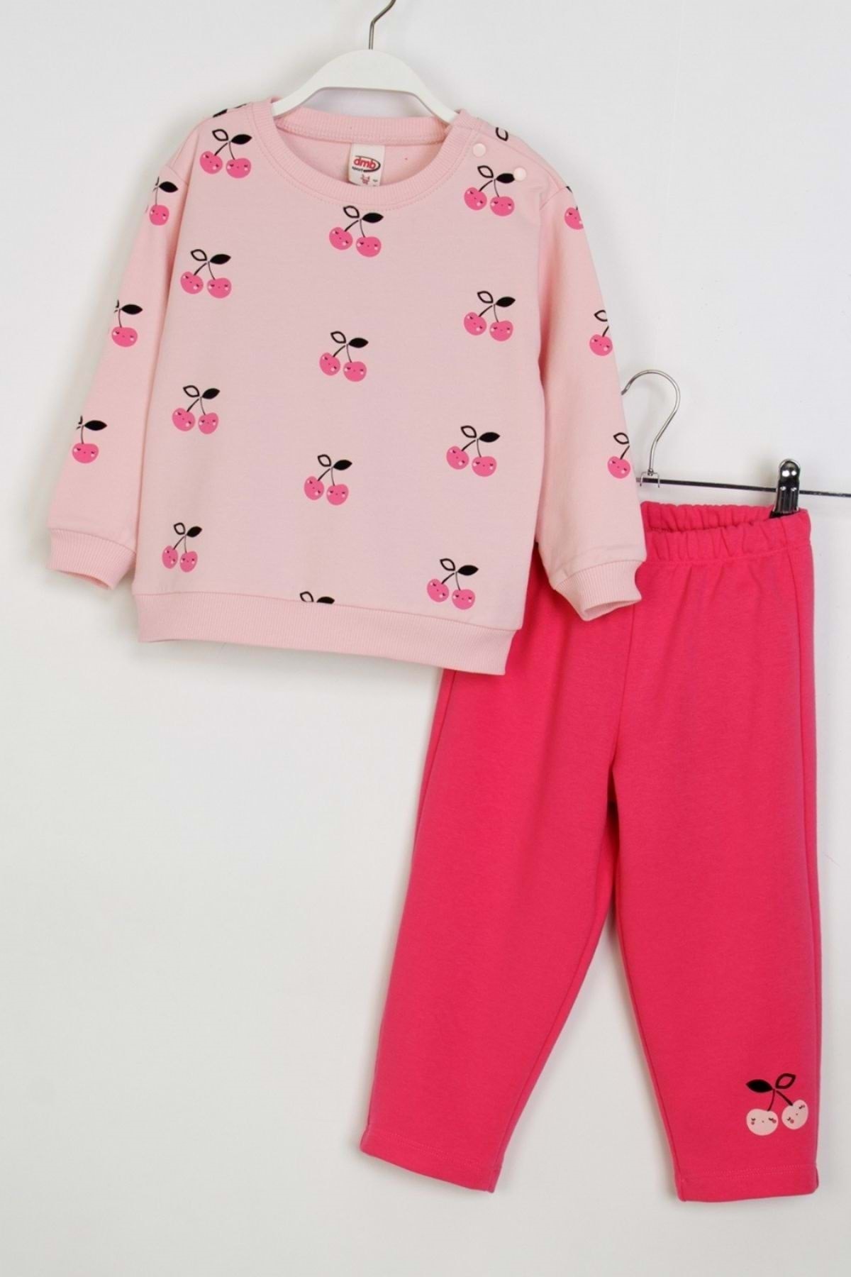 ww waka waka kids store Kız Çocuk Kiraz Baskılı Eşofman Takımı –Pudra & Kırmızı fotoğrafı 4 (önizleme)