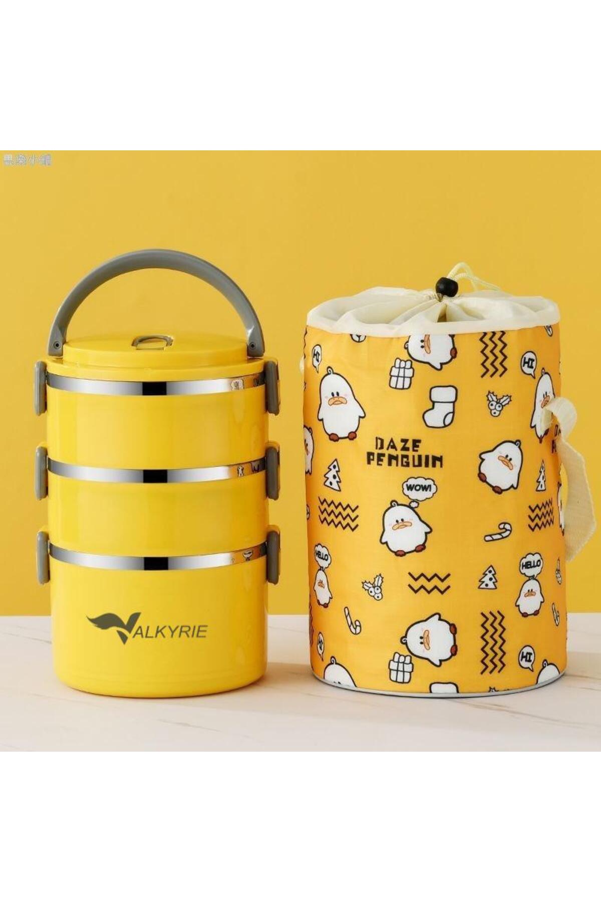 3-Eyed Steel Penguin Patterned Yellow Thermal Bento Box For Kids Cute