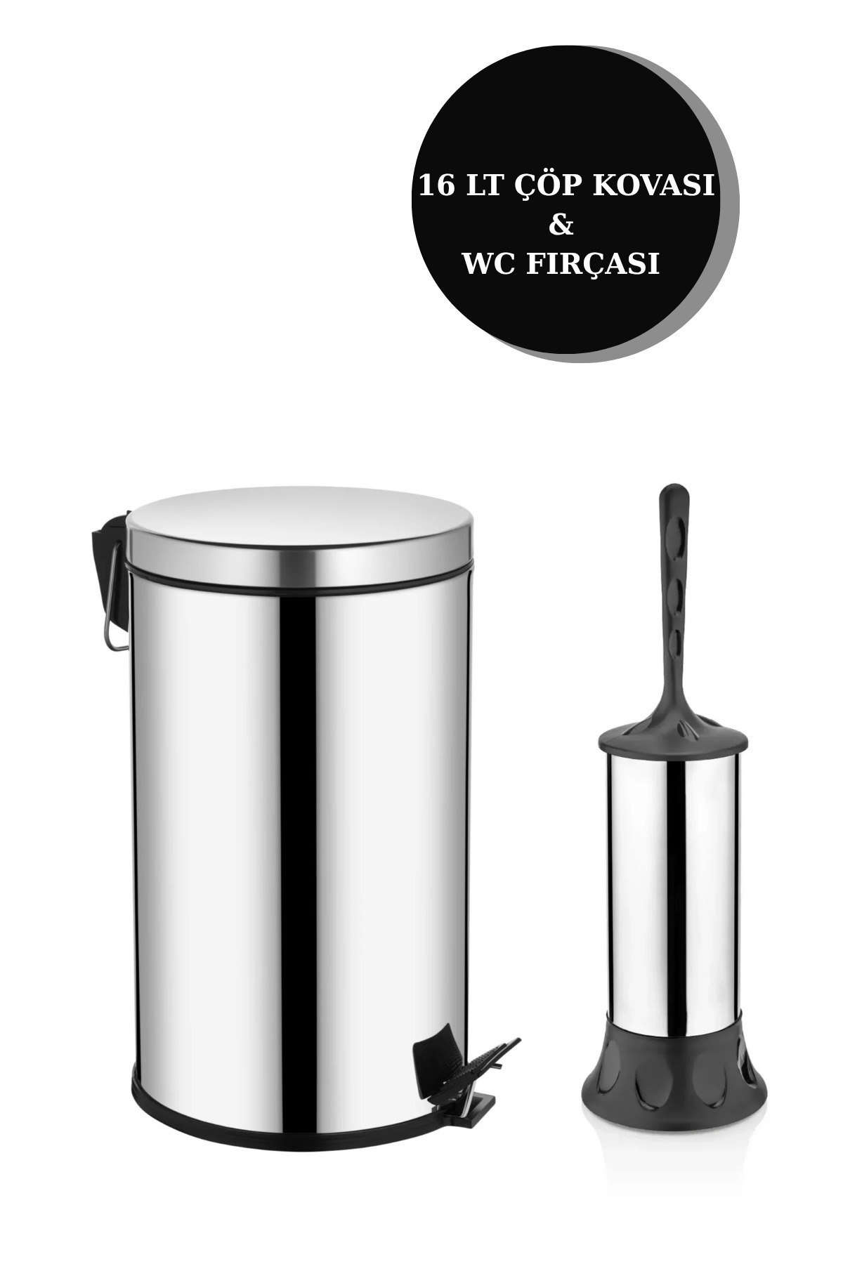 2'li Banyo Seti Paslanmaz Pedallı Metal 16 Lt Çöp Kovası Wc Klozet Tuvalet Fırça Seti Banyo Çöp Kova