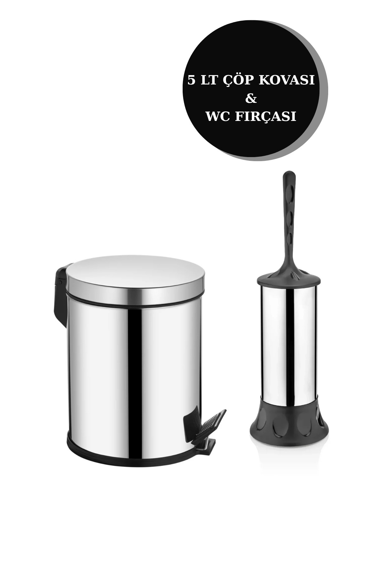 2'li Banyo Seti Paslanmaz Pedallı Metal 5 Lt Çöp Kovası Wc Klozet Tuvalet Fırça Seti Banyo Çöp Kova