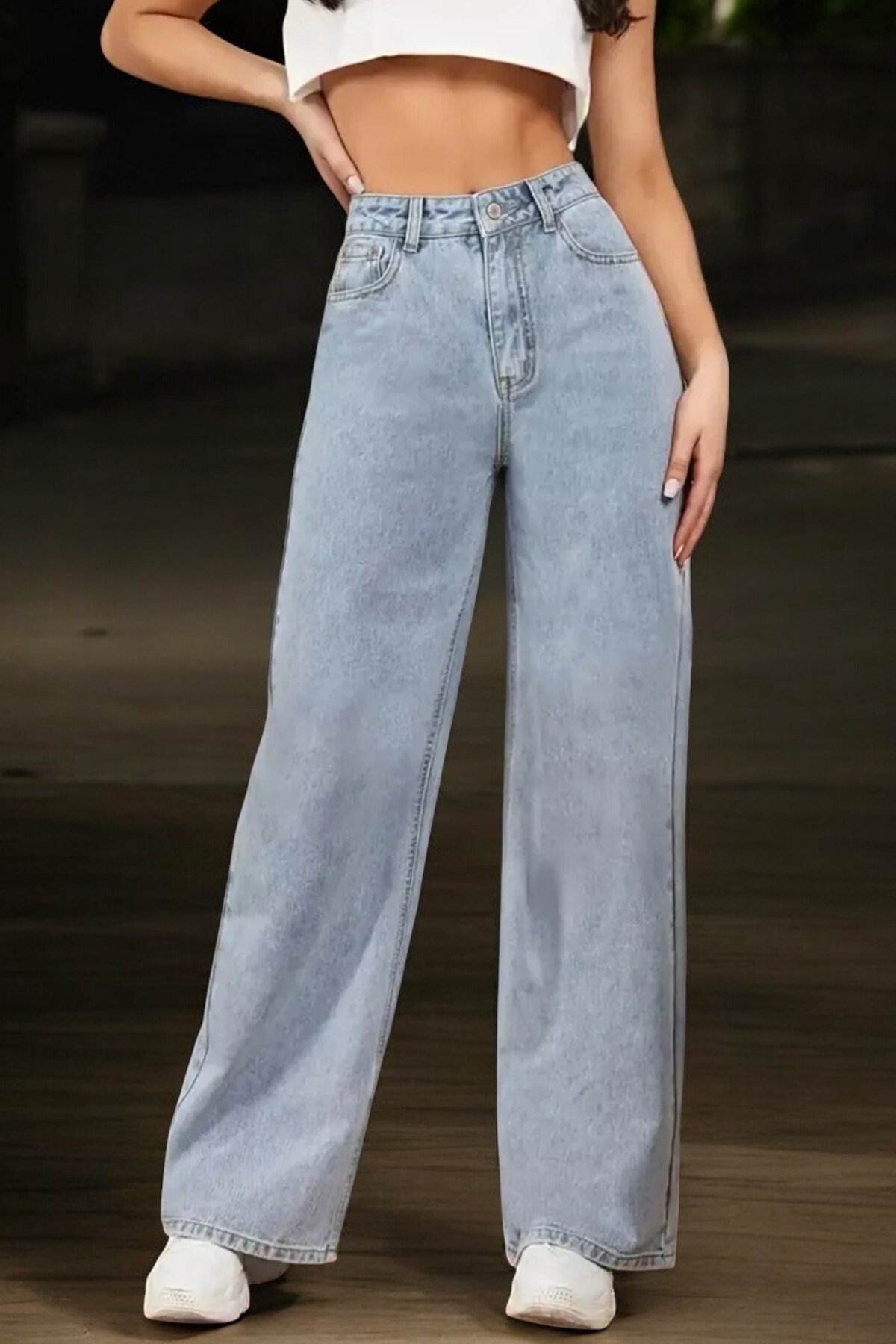 byhaziran butik  Genç Kız Açık Mavi Kar Yıkama Yüksek Bel Likralı Rahat 90's Salaş Paça Jeans - Görsel 3