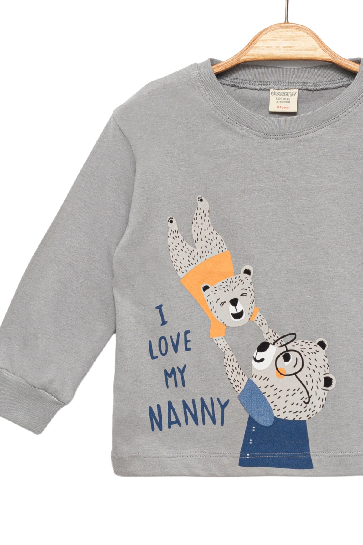 Divonette Kız Erkek Çocuk İnce Mevsimlik %100 Pamuk Uzun Kollu Ayıcık Desenli Unisex Gri T-shirt fotoğrafı 4 (önizleme)